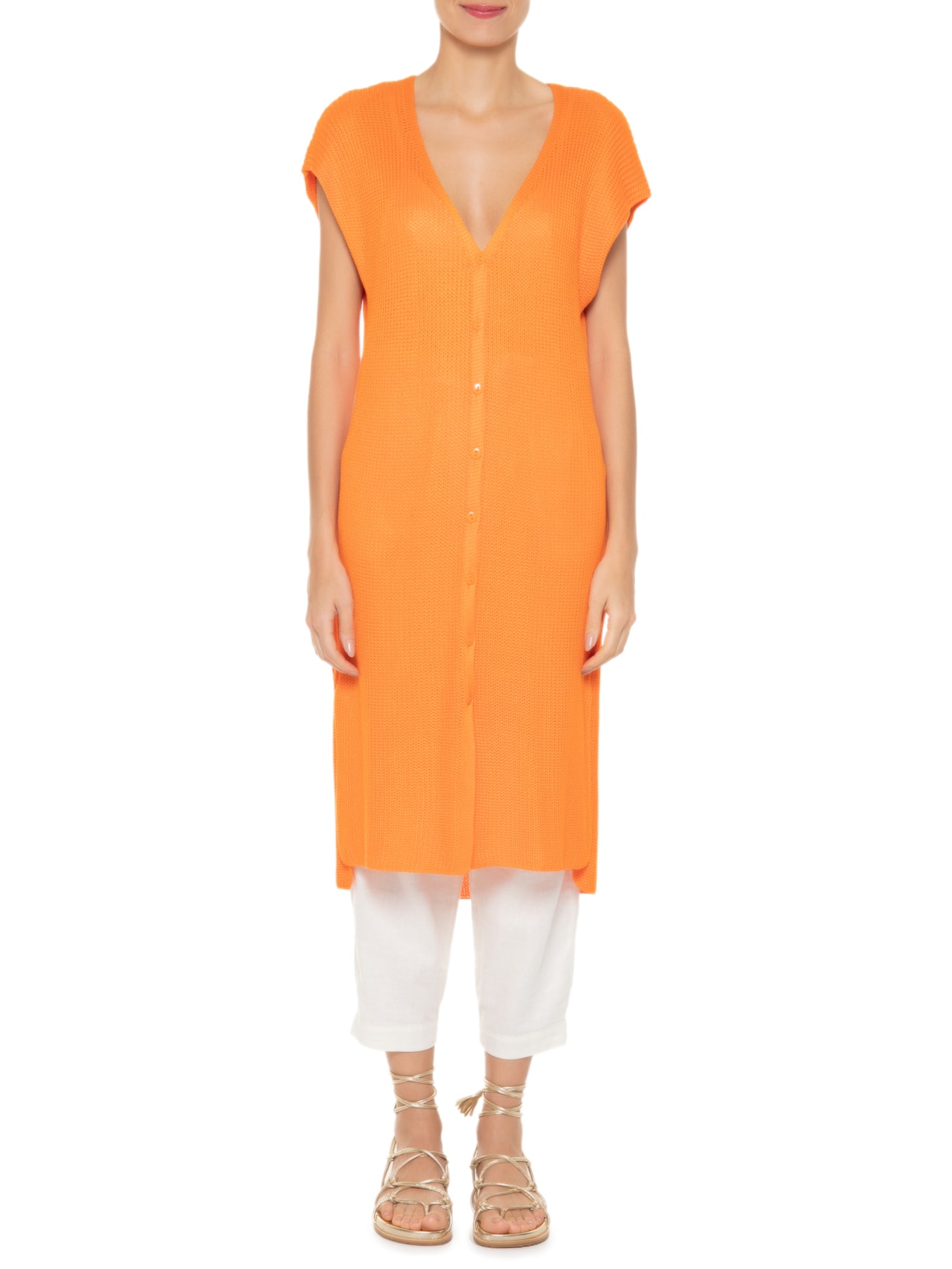 Colete Feminino Tricot Alongado Laranja '2Essential