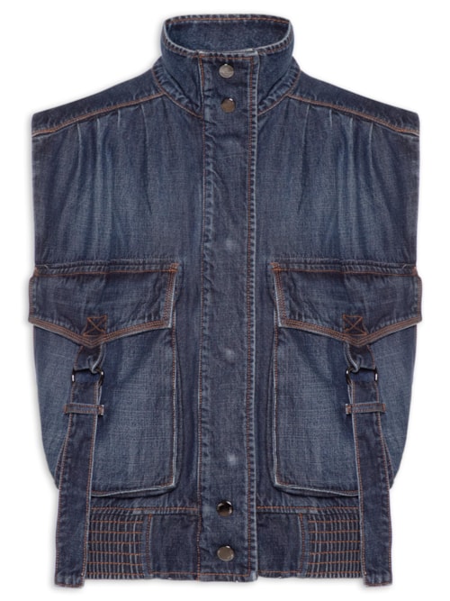 Colete Jeans Feminino Over Bolsos - Azul