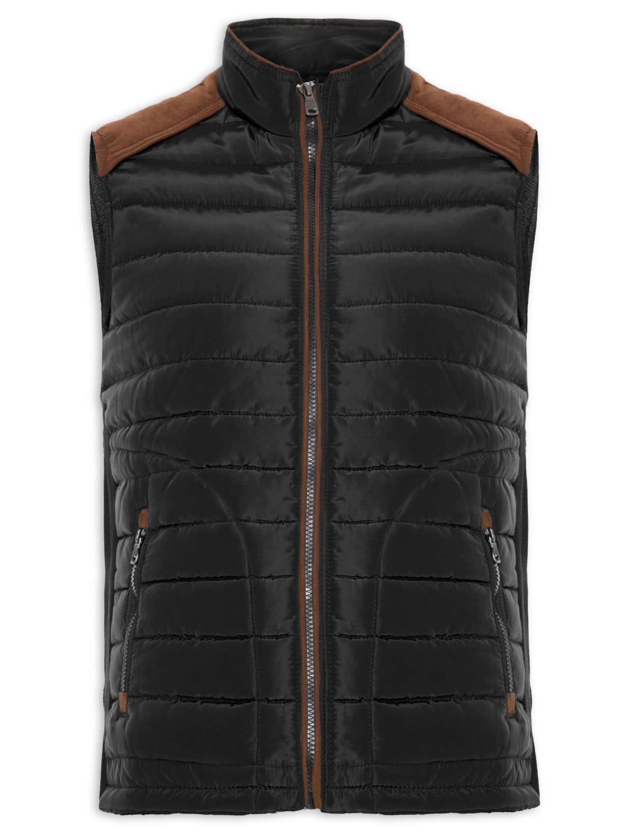 Colete Masculino Puffer Com Detalhe Em Camurça - Preto