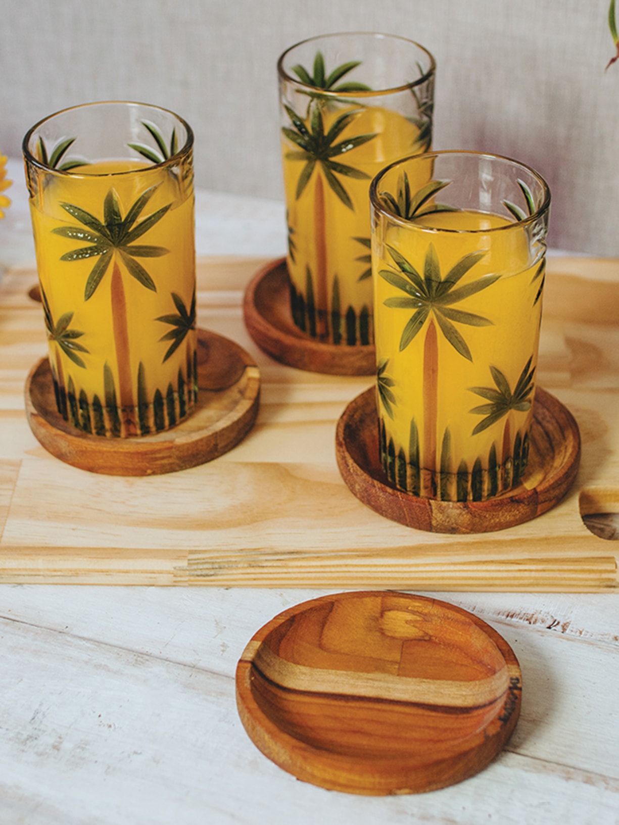 Conjunto 6 Copos Altos De Cristal Palm Tree Handpaint 360ml Wolff