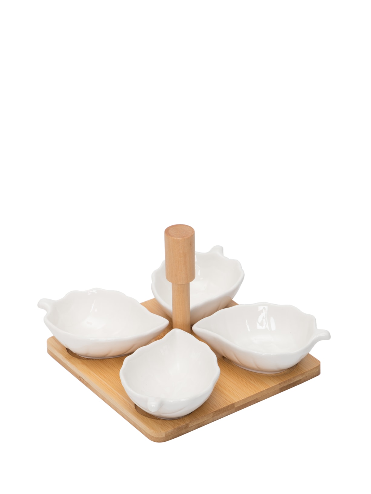 Conjunto de 4 Petisqueiras Em Porcelana Com Suporte Em Bambu Leaves - Branco