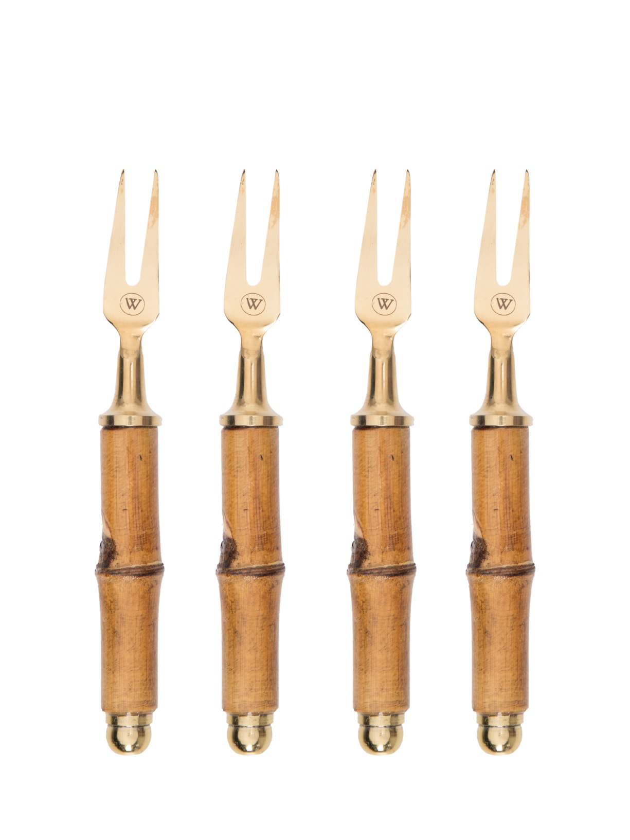 Conjunto De Garfos Para Petisco Cabo Em Bambu Aço Inox 4 Peças - Dourado