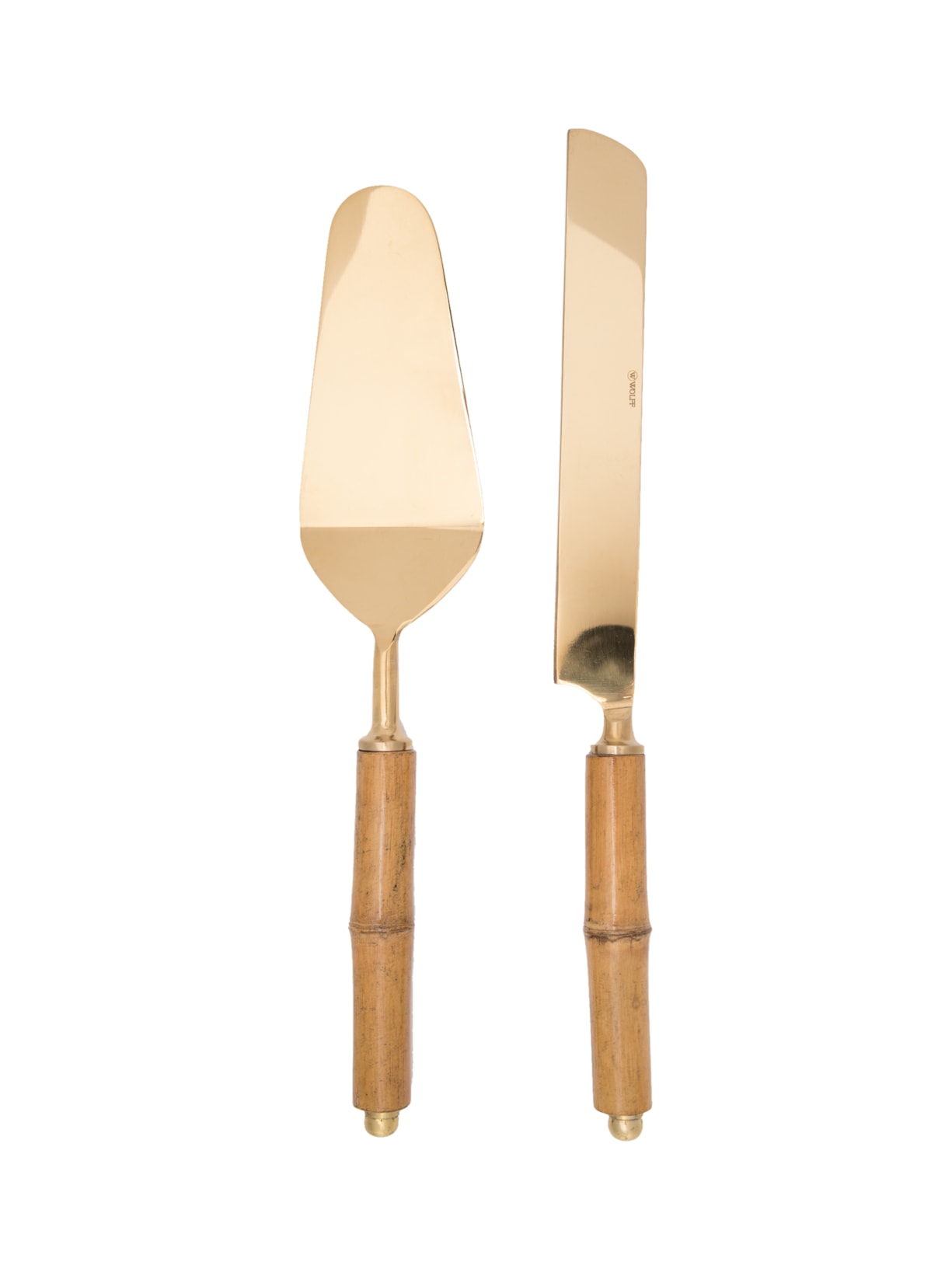 Conjunto De Talheres Para Bolo Cabo Bambu Em Aço Inox 2 Peças - Dourado