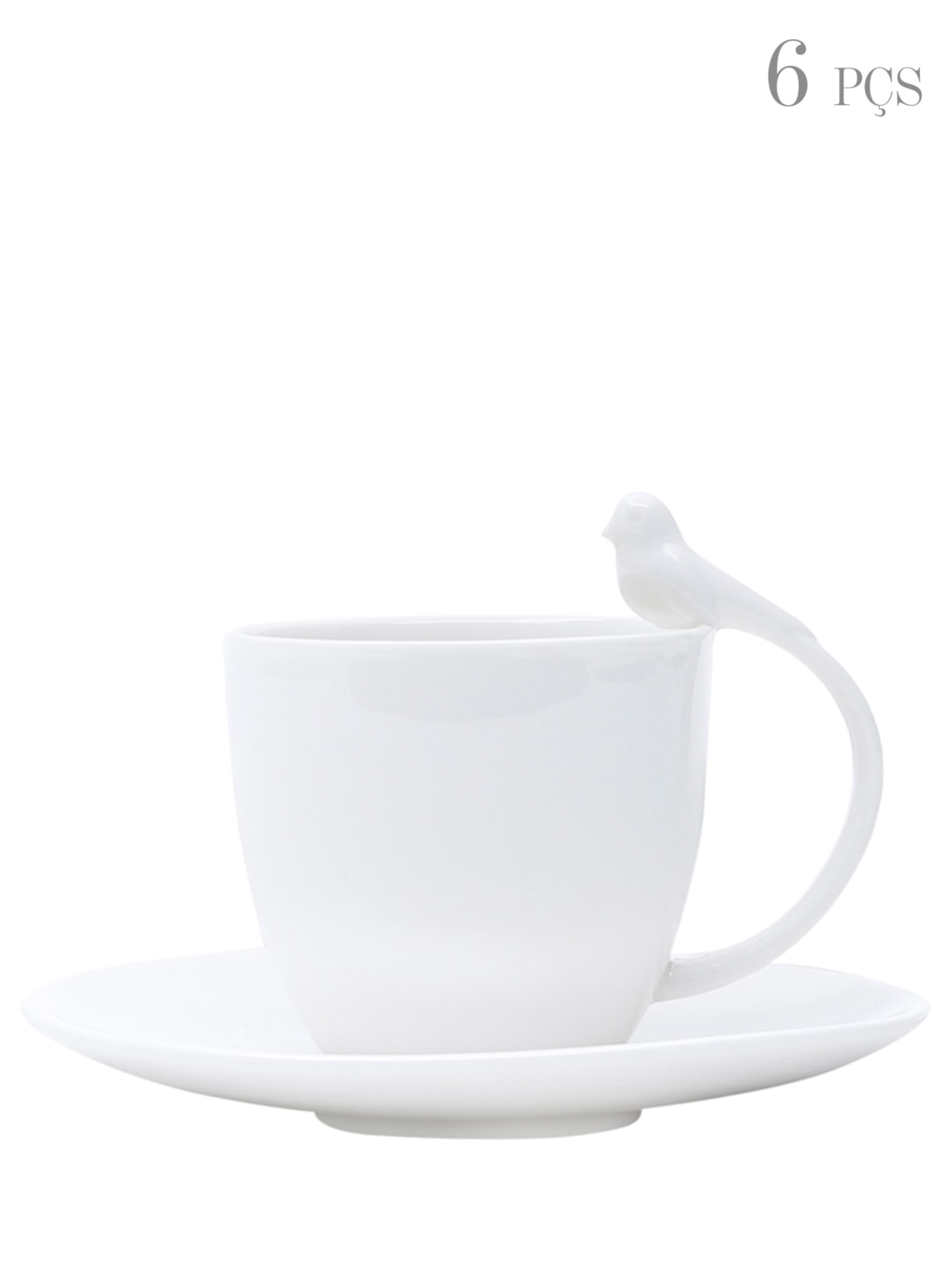 Conjunto De Xícaras Café Porcelana Com Pires Birds Em Porcelana 6 Peças 85ml - Branco