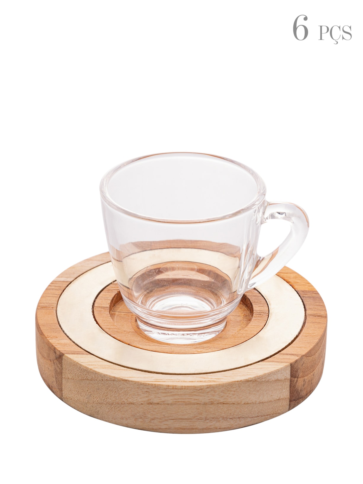 Conjunto De Xícaras De Café Com Pires De Madeira Com Detalhe Champanhe 75ml 6 Peças Em Cristal