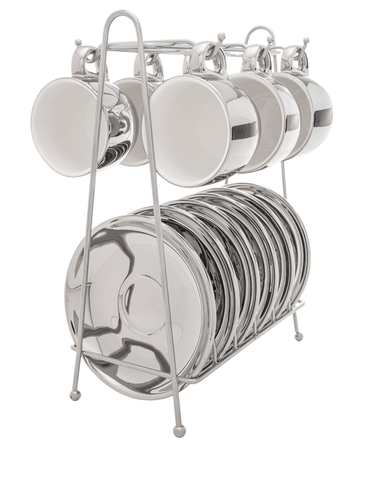 Conjunto de Xícaras De Café Com Pires E Suporte Versa 90ml 6 Peças em Porcelana - Prata
