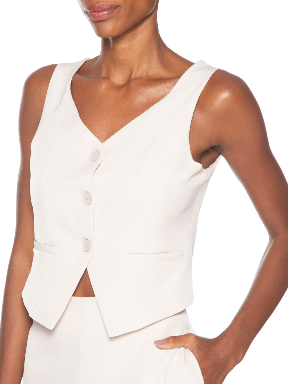 Conjunto Feminino Alfaiataria Colete Com Calça Bege Basiq