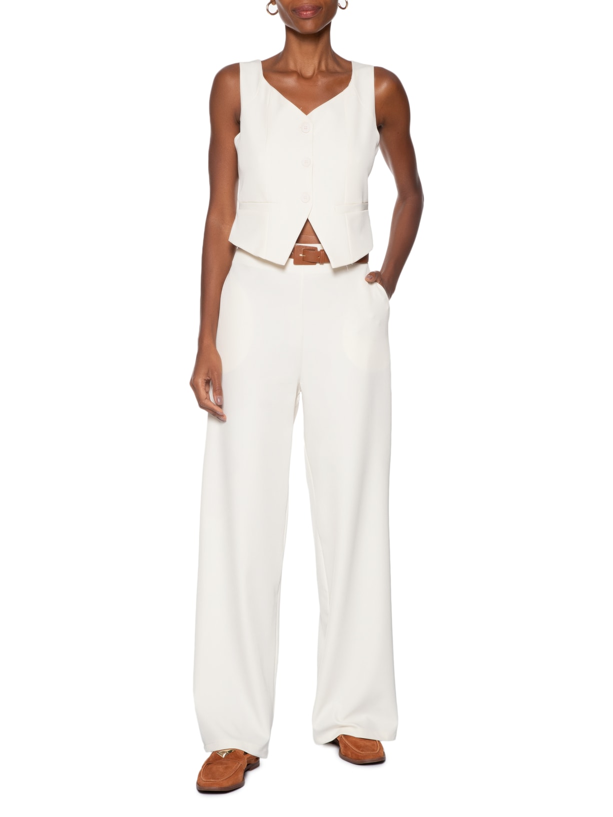 Conjunto Feminino Alfaiataria Colete Com Calça Branco Basiq