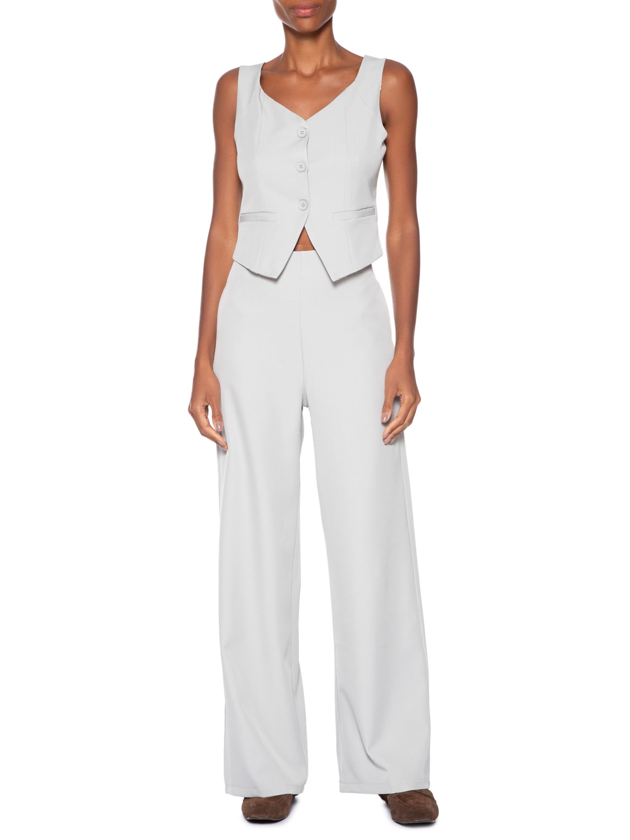 Conjunto Feminino Alfaiataria Colete Com Calça Cinza Basiq