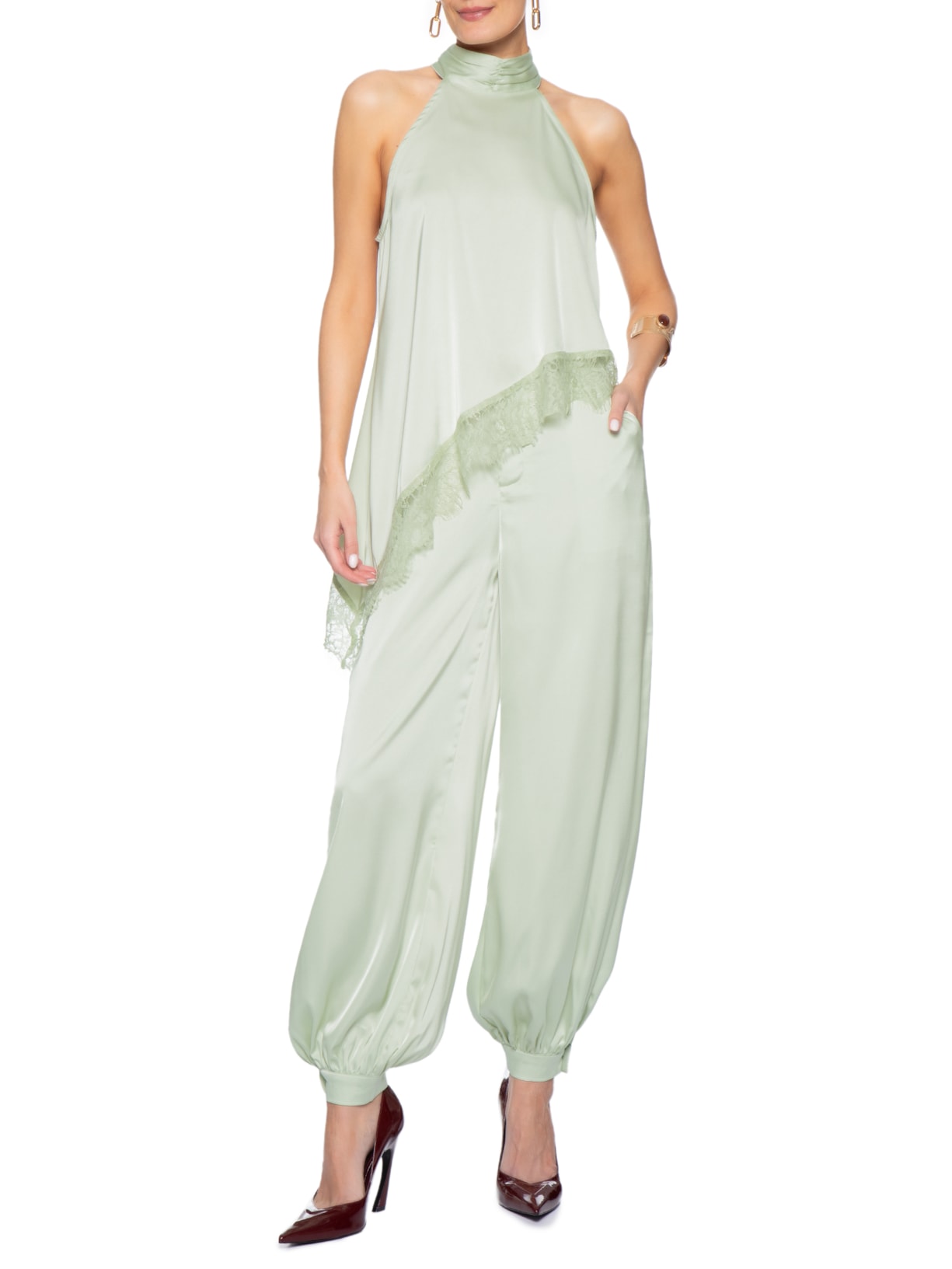 Conjunto Feminino Assimétrico com Detalhes em Renda Verde Market 33
