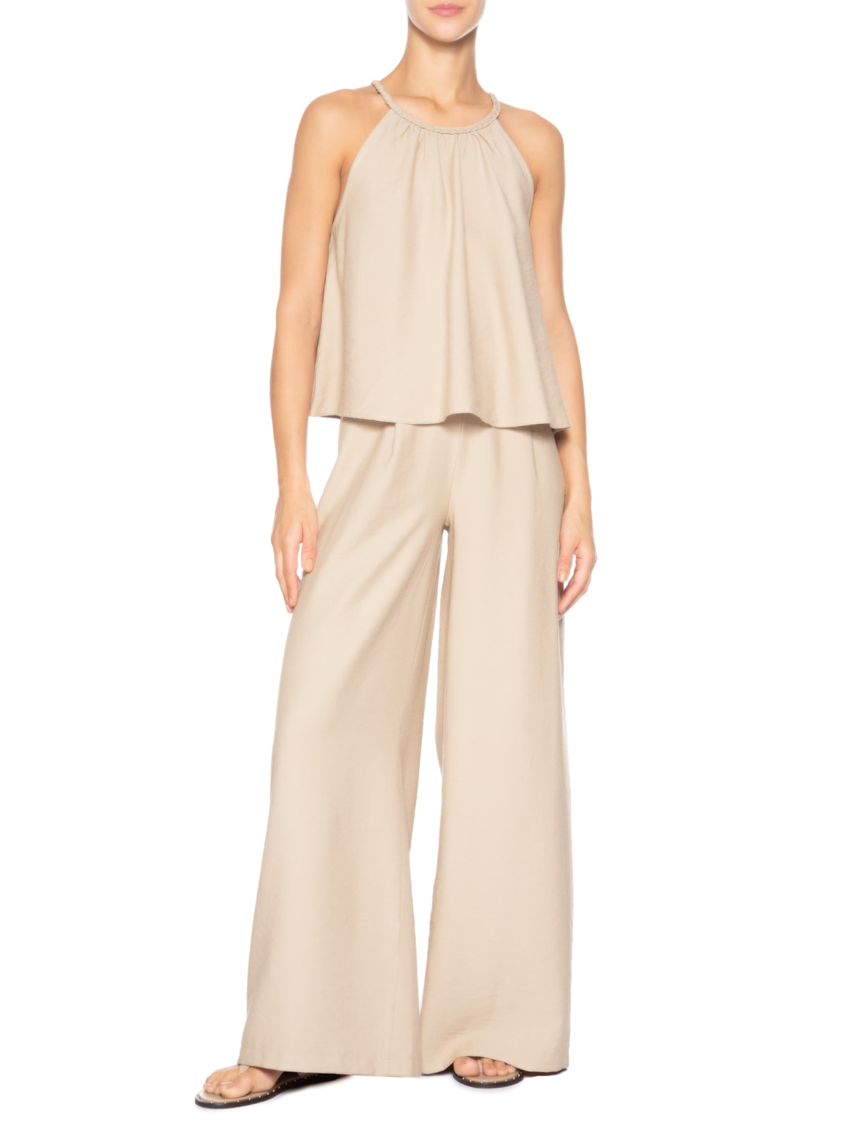 Conjunto Feminino Blusa Alcinha E Calça Pantalona Bege Basiq