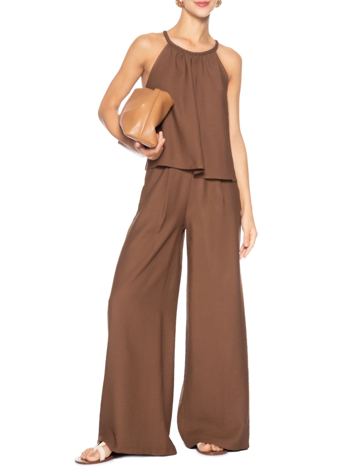 Conjunto Feminino Blusa Alcinha E Calça Pantalona Marrom Basiq