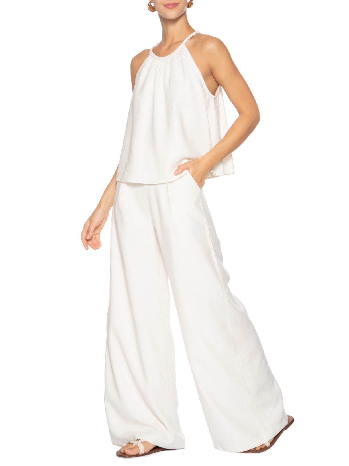 Conjunto Feminino Blusa Alcinha E Calça Pantalona Off White Basiq