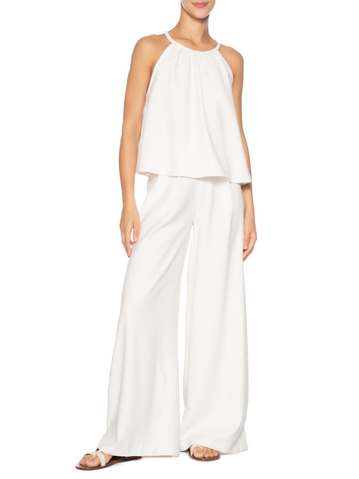 Conjunto Feminino Blusa Alcinha E Calça Pantalona Off White Basiq