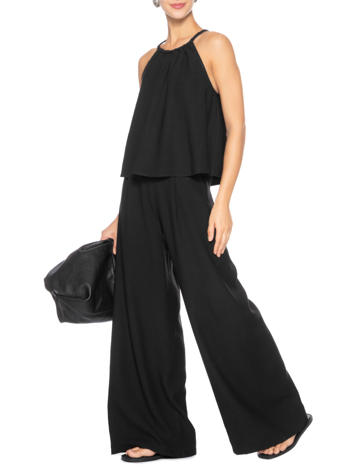 Conjunto Feminino Blusa Alcinha E Calça Pantalona Preto Basiq