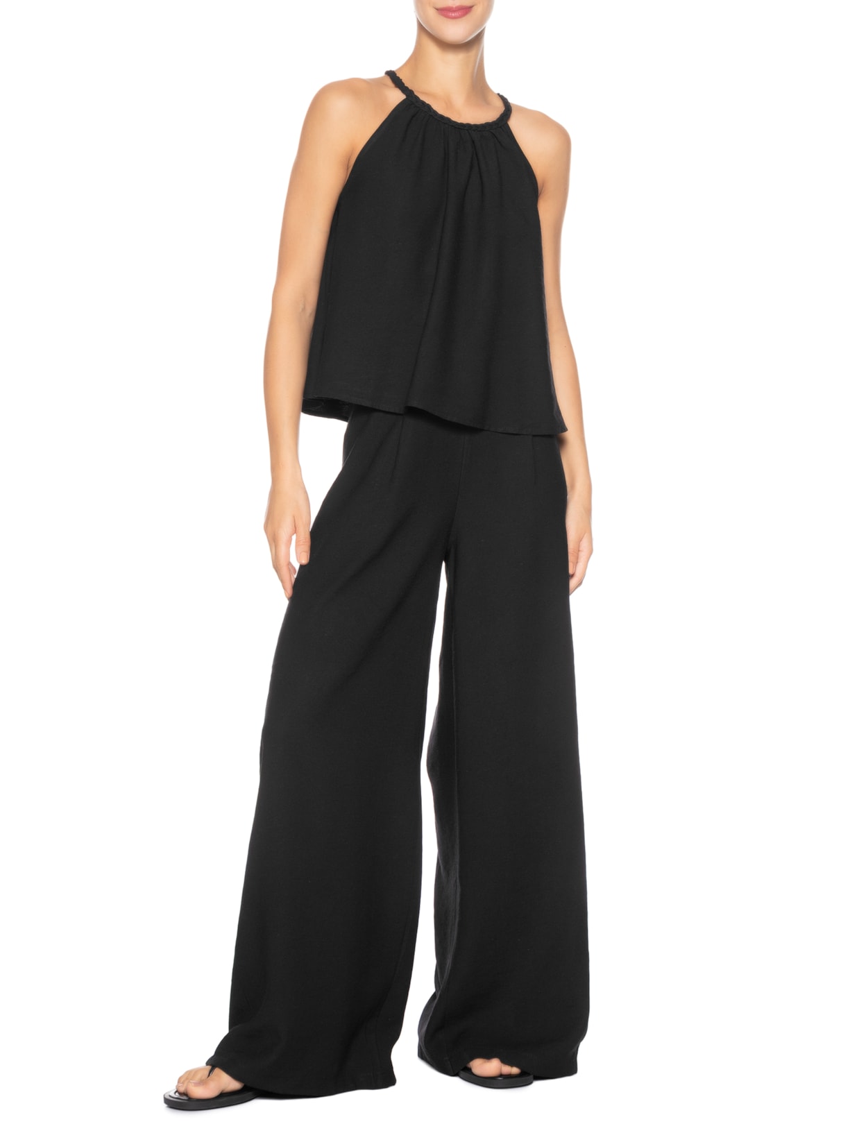 Conjunto Feminino Blusa Alcinha E Calça Pantalona Preto Basiq