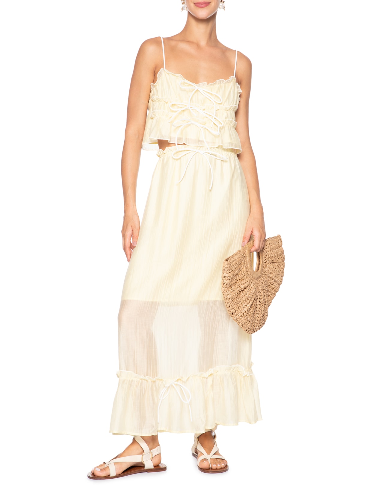 Conjunto Feminino Blusa Babados E Saia Midi Amarelo Market 33