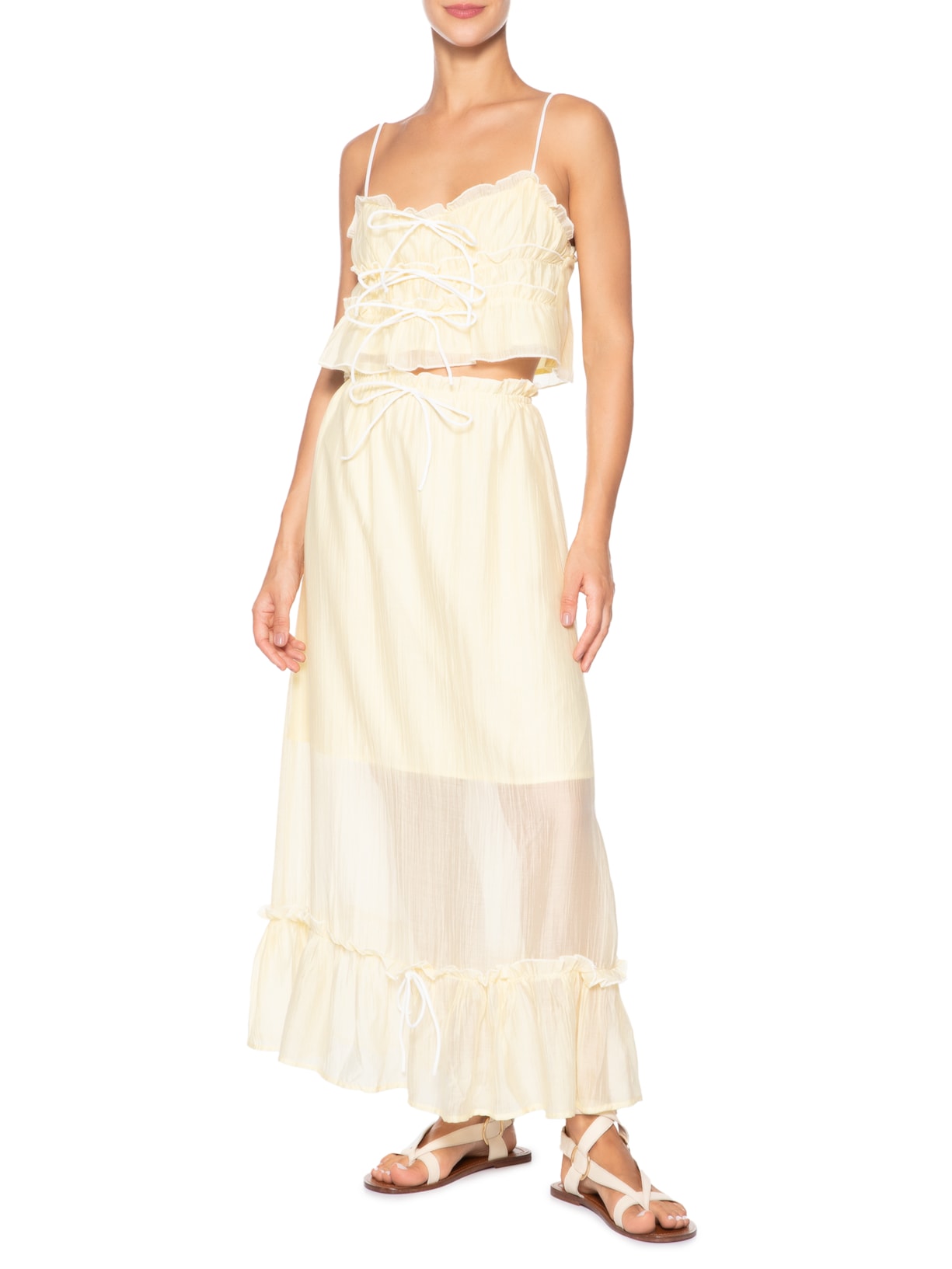 Conjunto Feminino Blusa Babados E Saia Midi Amarelo Market 33