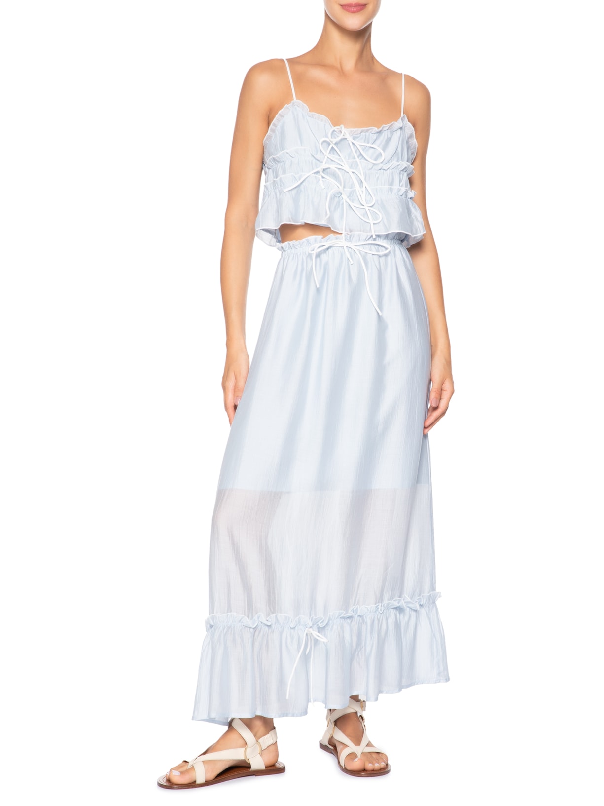 Conjunto Feminino Blusa Babados E Saia Midi Azul Market 33