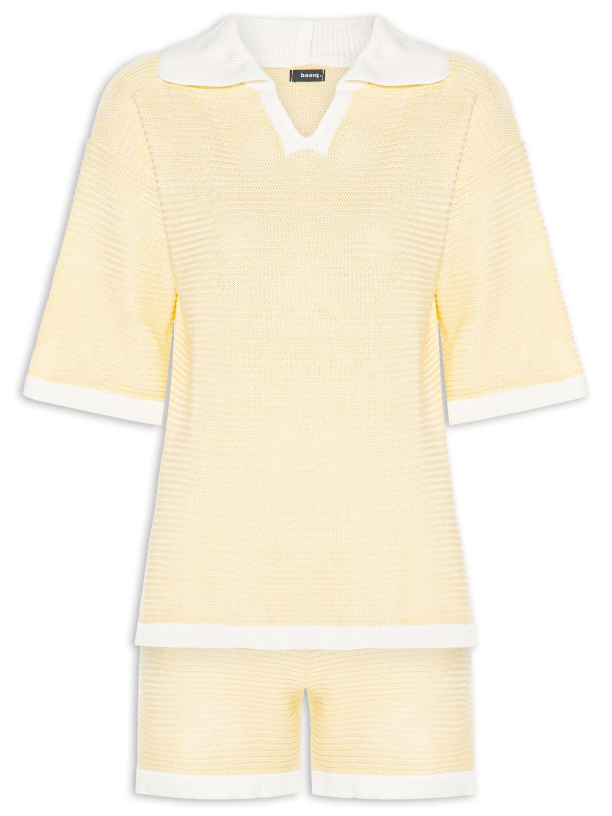Conjunto Feminino Blusa E Short Em Tricot Bicolor Amarelo Basiq