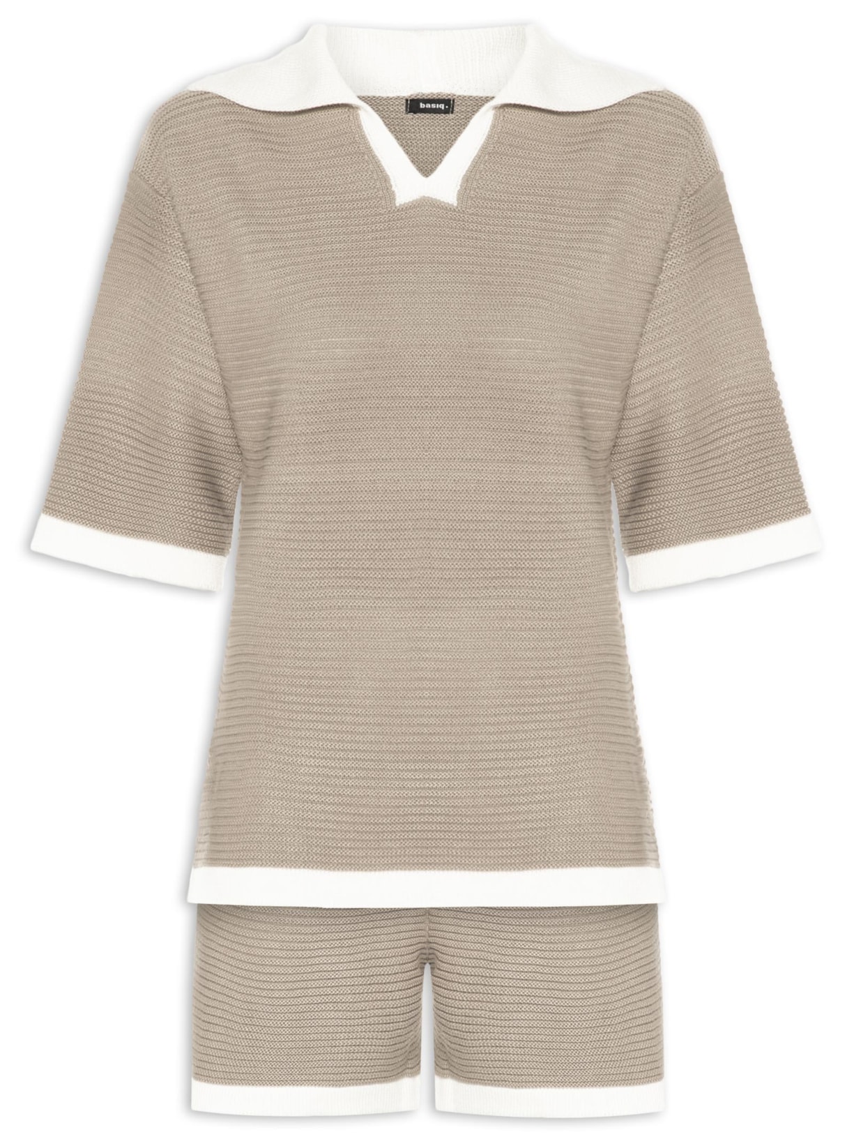Conjunto Feminino Blusa E Short Em Tricot Bicolor Bege Basiq