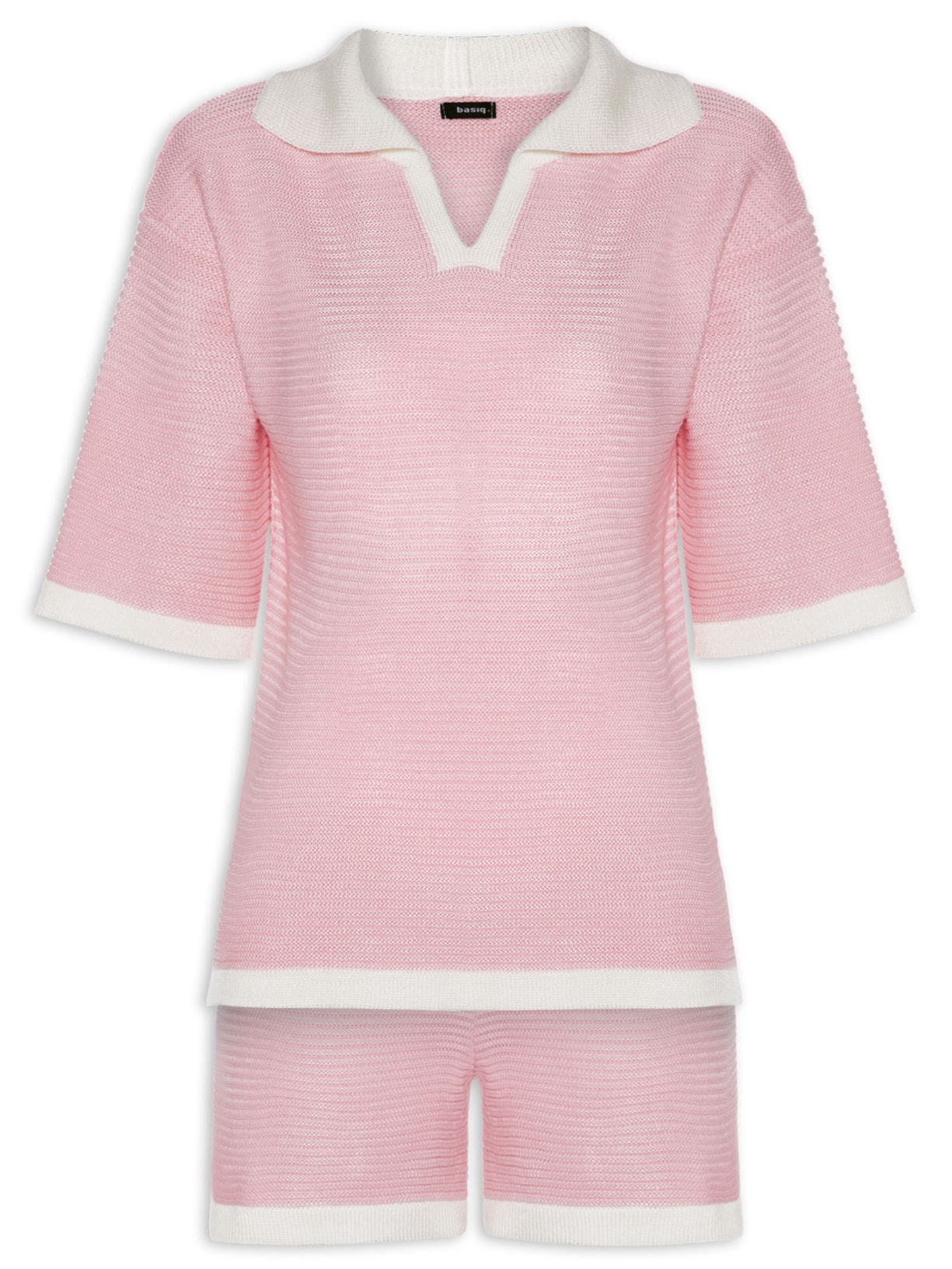 Conjunto Feminino Blusa E Short Em Tricot Bicolor Rosa Basiq