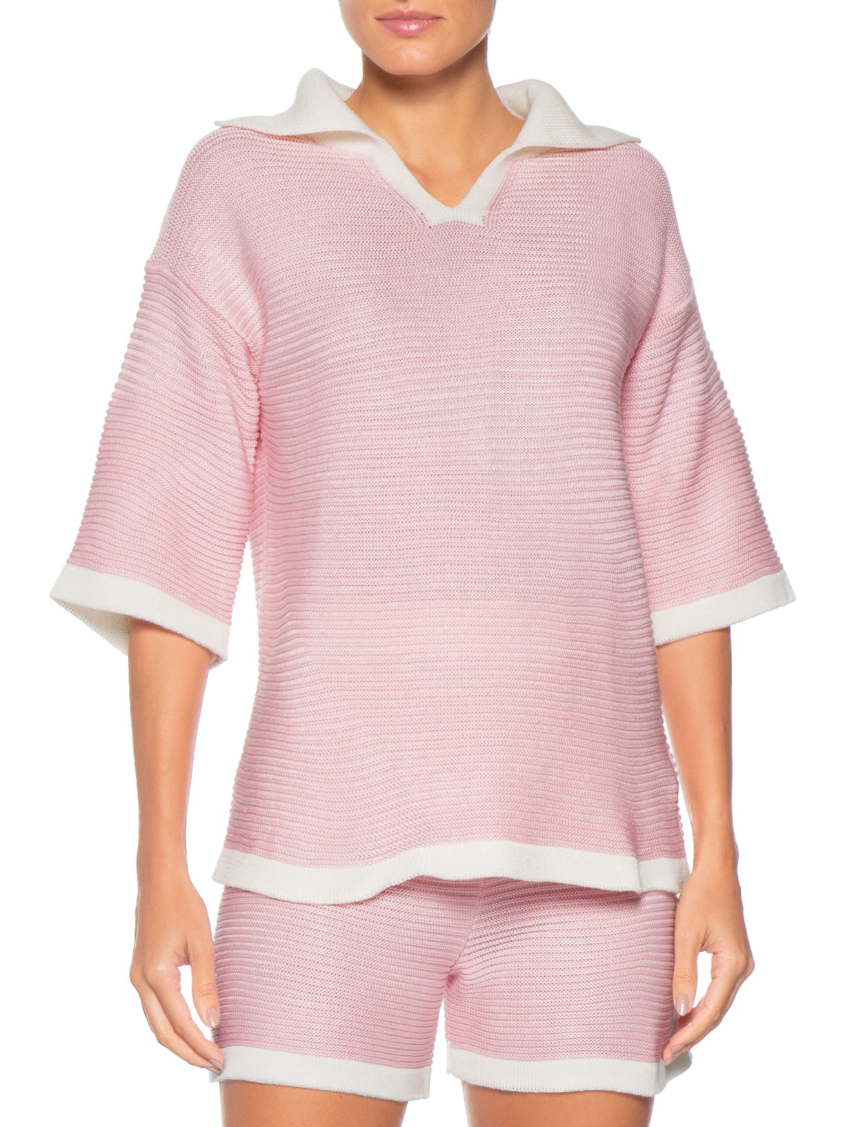 Conjunto Feminino Blusa E Short Em Tricot Bicolor Rosa Basiq