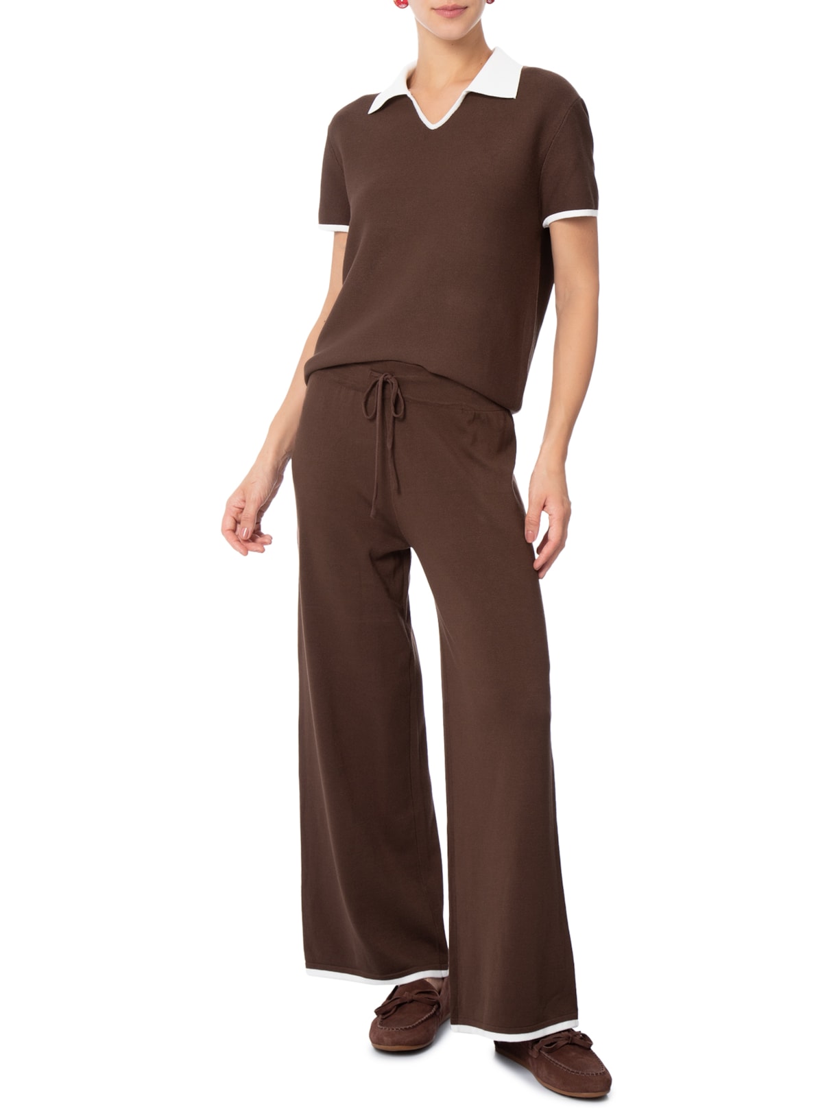 Conjunto Feminino Blusa Gola Esporte E Calça Tricot Bicolor Marrom Basiq