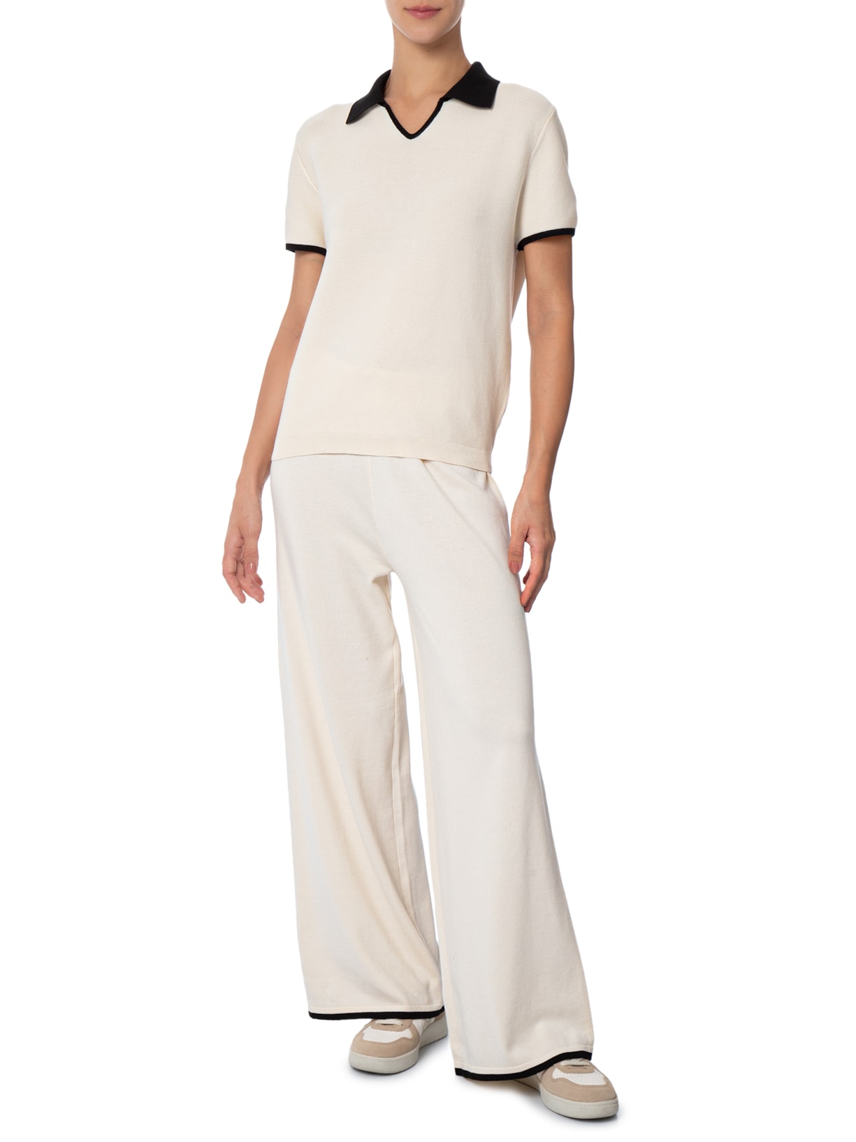 Conjunto Feminino Blusa Gola Esporte E Calça Tricot Bicolor Off White Basiq