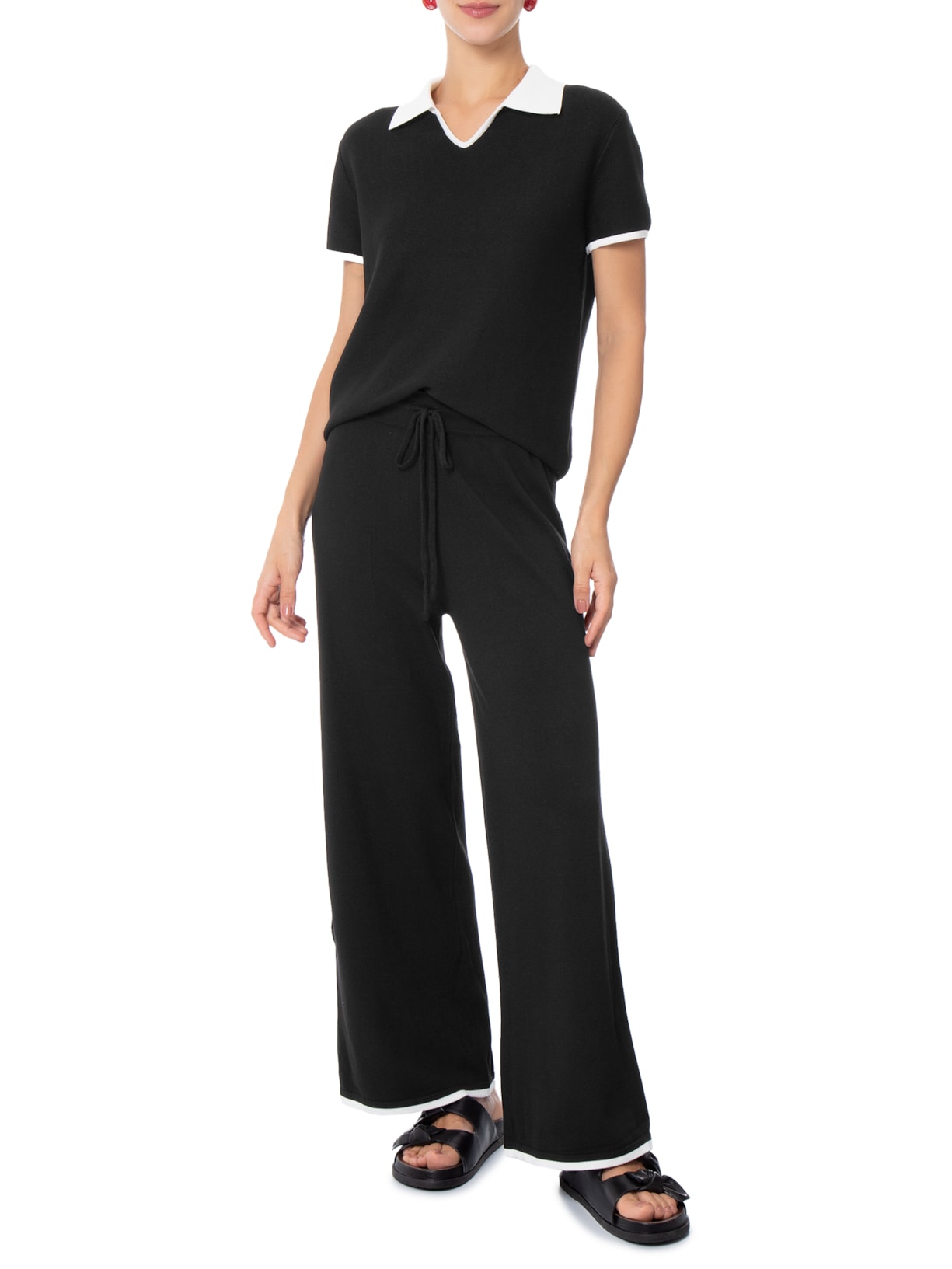 Conjunto Feminino Blusa Gola Esporte E Calça Tricot Bicolor Preto Basiq