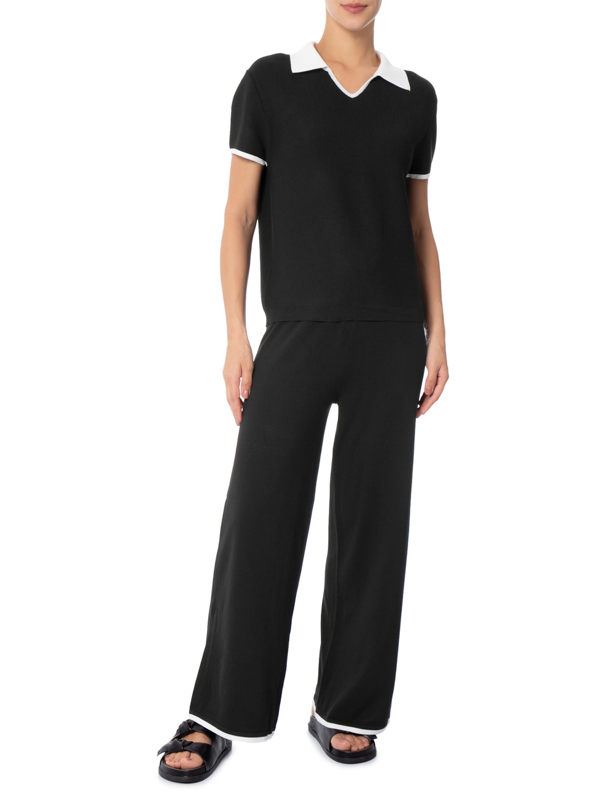 Conjunto Feminino Blusa Gola Esporte E Calça Tricot Bicolor Preto Basiq