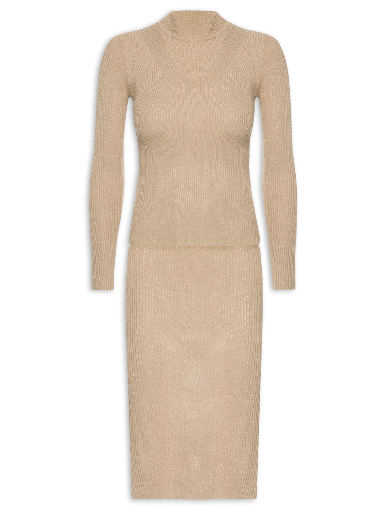 Conjunto Feminino Blusa Manga Longa E Saia Midi Em Tricot - Marrom