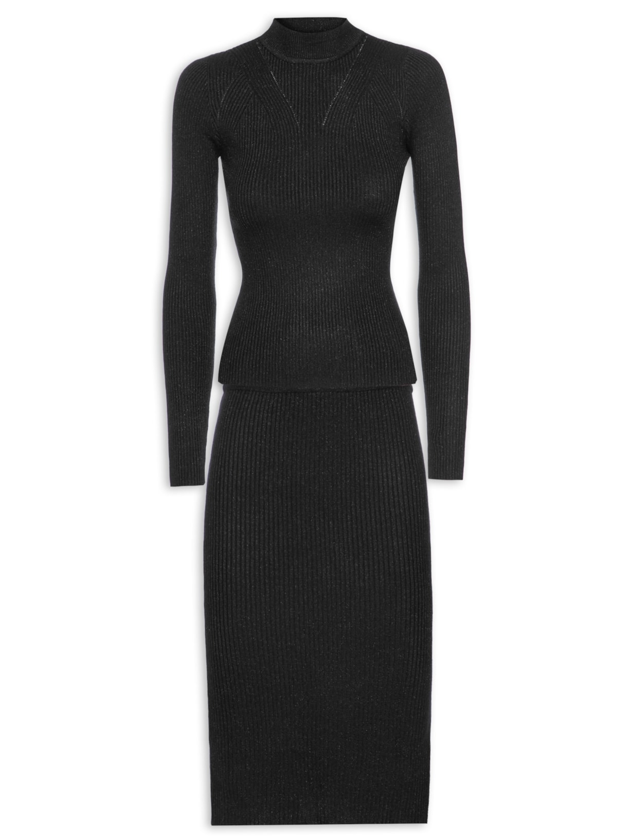 Conjunto Feminino Blusa Manga Longa E Saia Midi Em Tricot - Preto