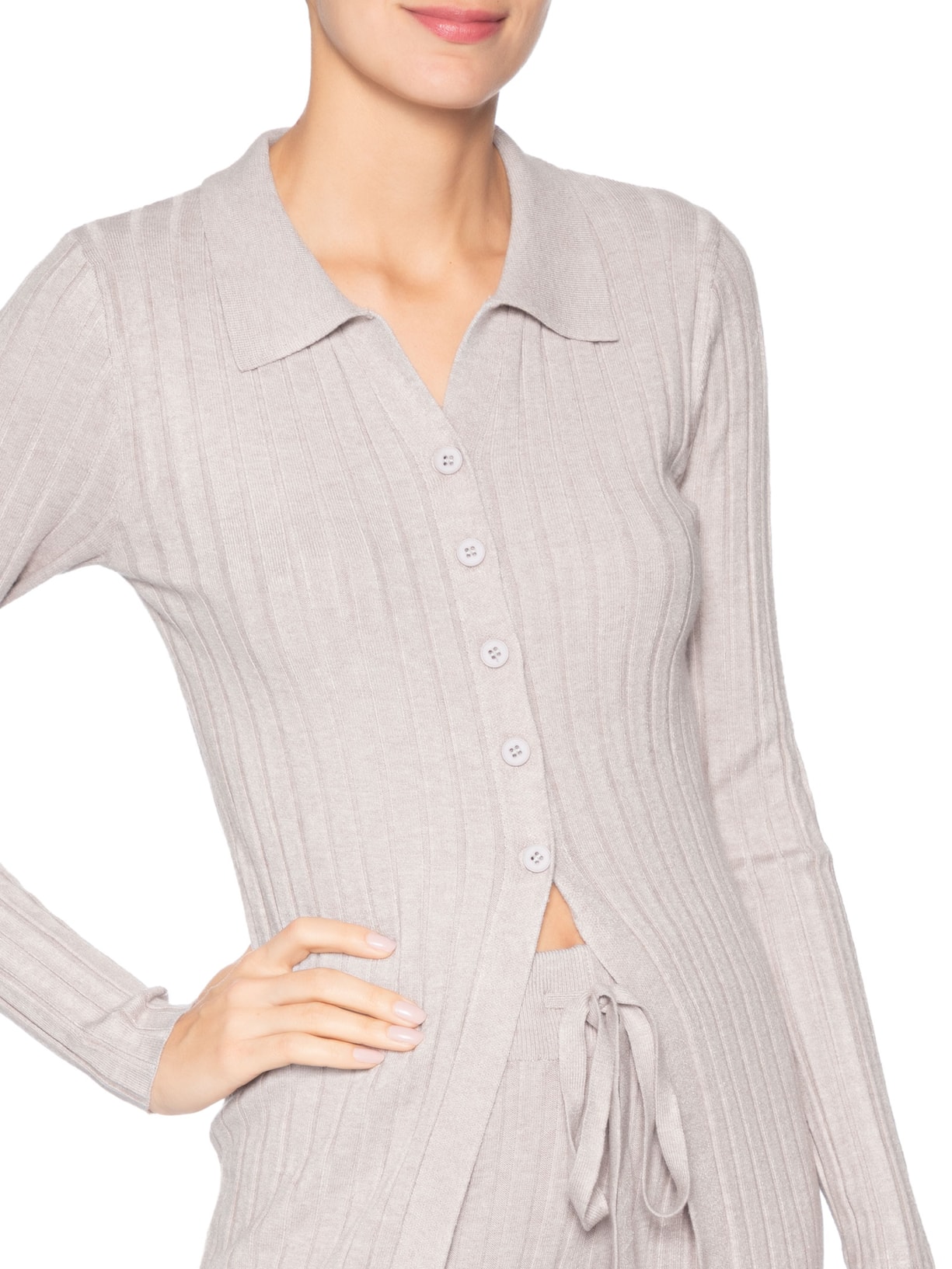 Conjunto Feminino Blusa Polo E Calça Em Tricot Bege '2Essential