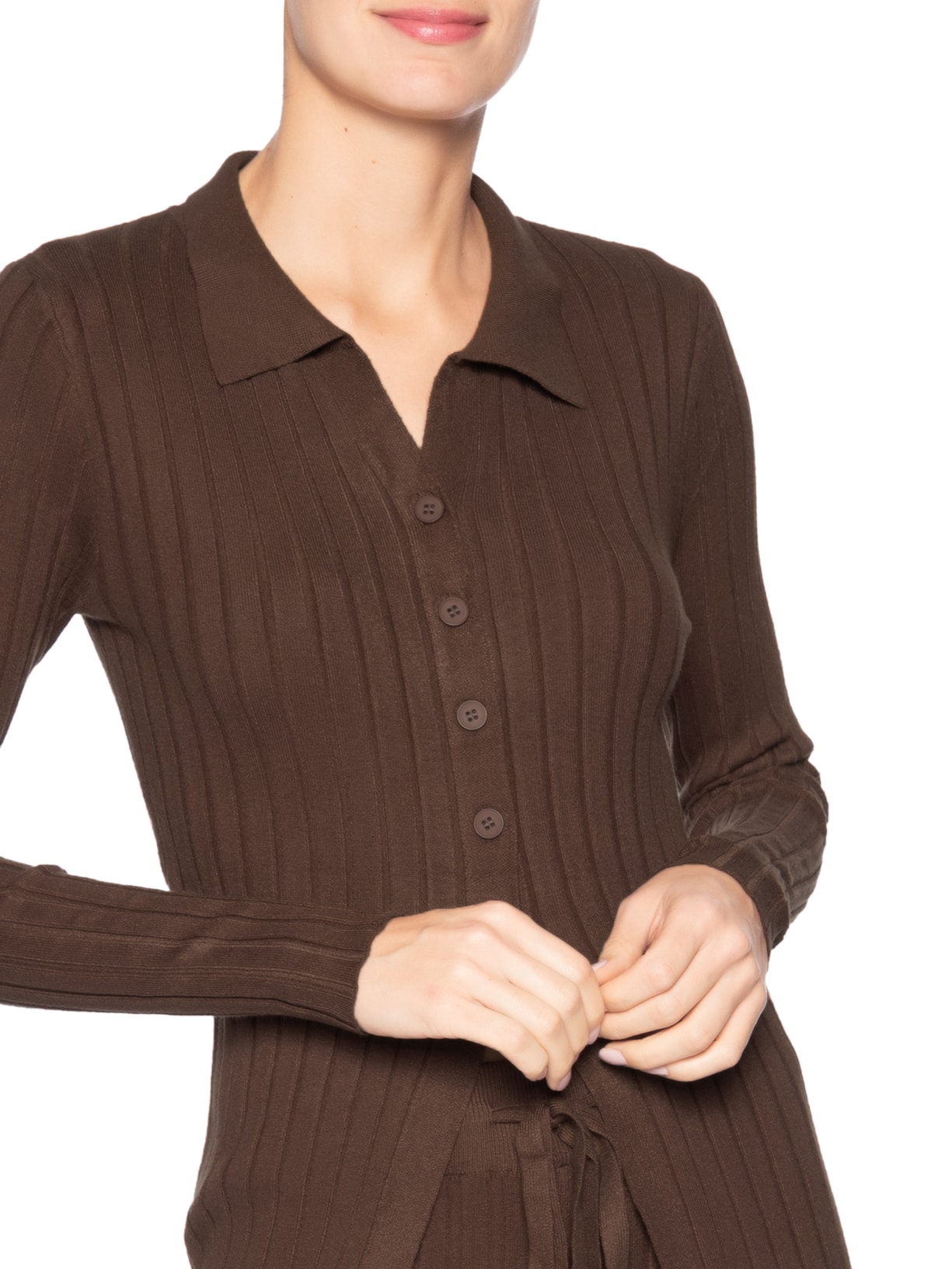 Conjunto Feminino Blusa Polo E Calça Em Tricot Marrom '2Essential