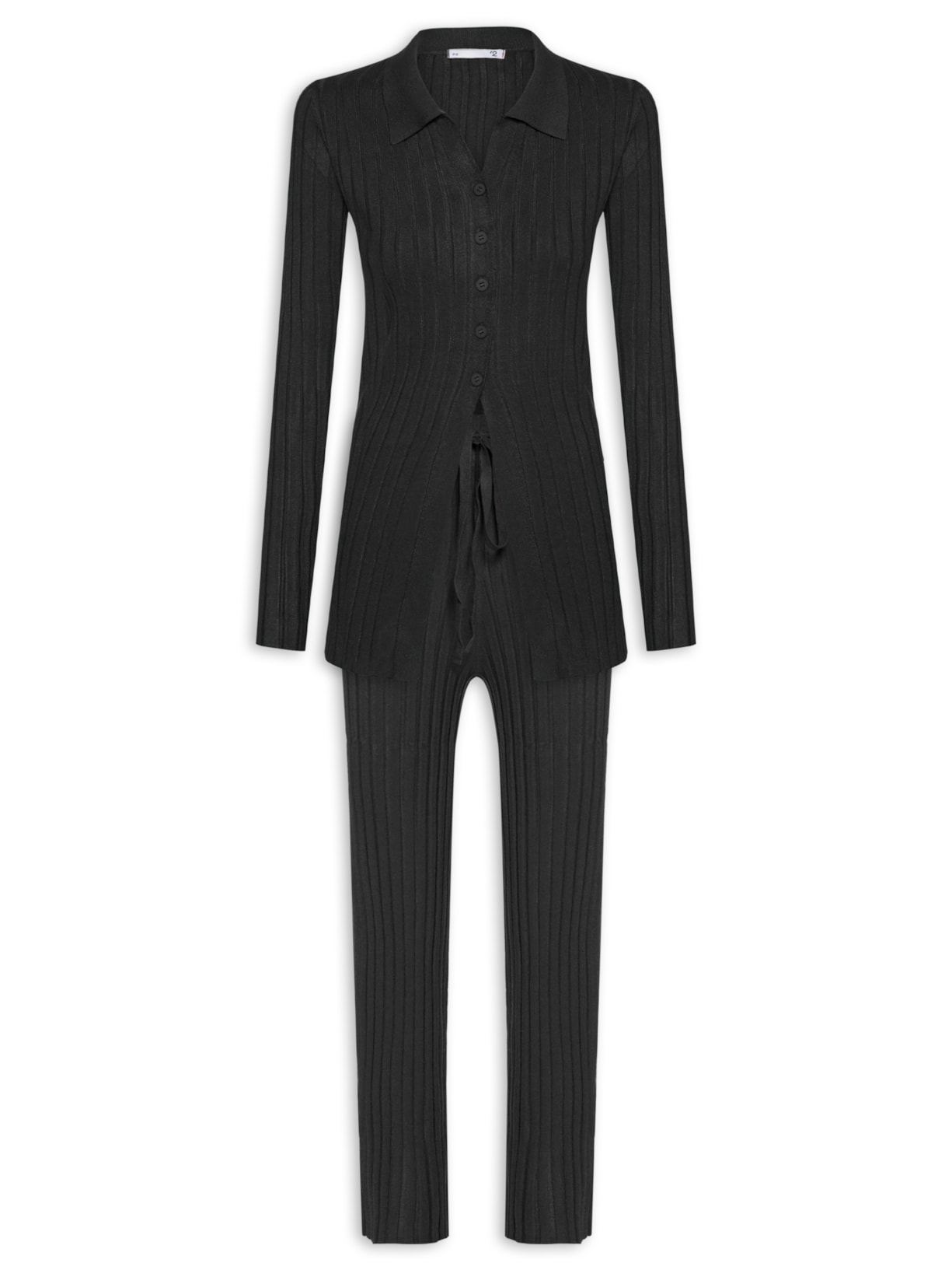 Conjunto Feminino Blusa Polo E Calça Em Tricot Preto '2Essential