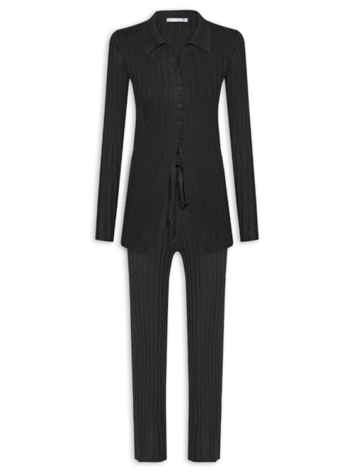 Conjunto Feminino Blusa Polo E Calça Em Tricot - Preto