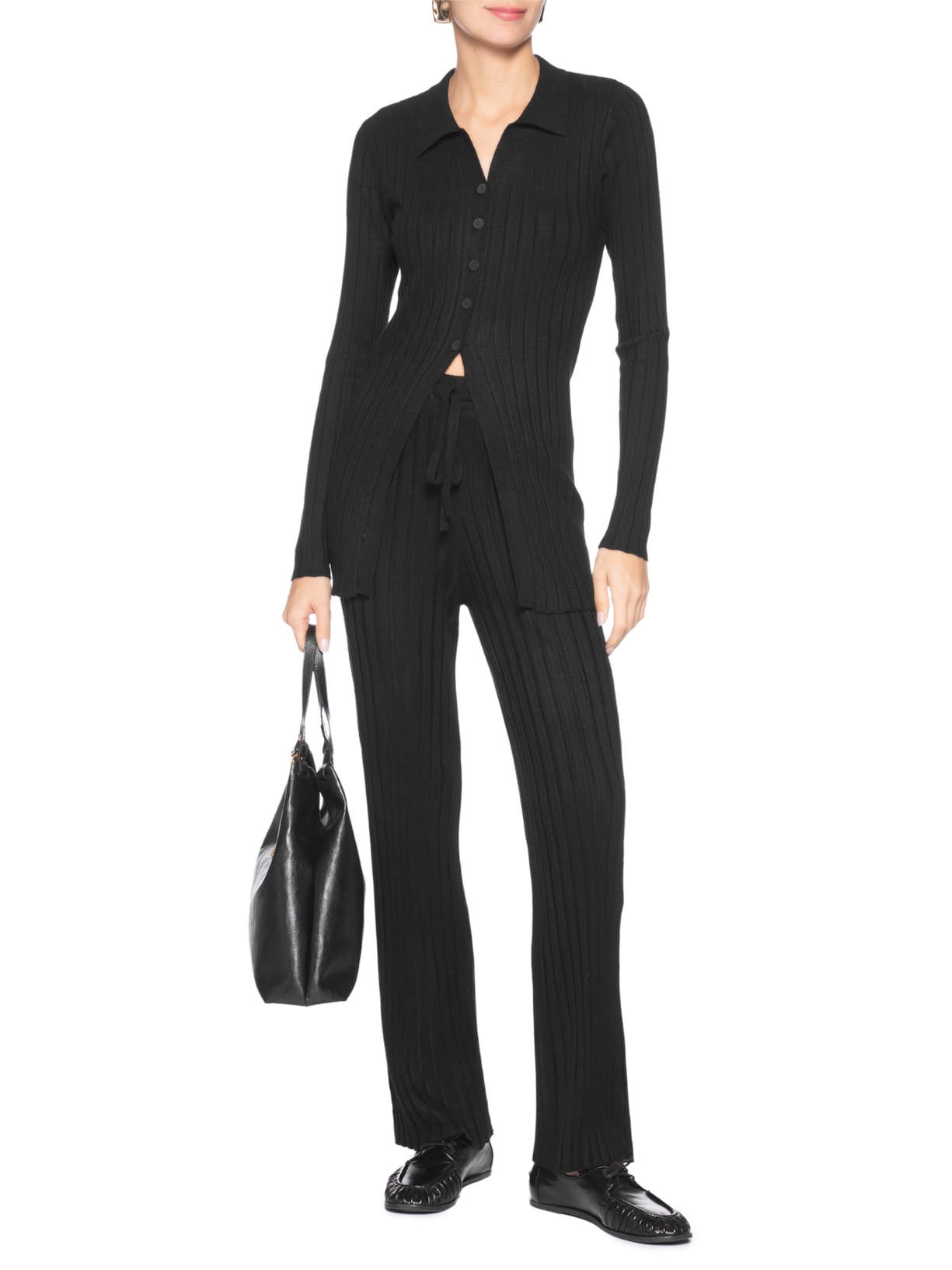 Conjunto Feminino Blusa Polo E Calça Em Tricot Preto '2Essential