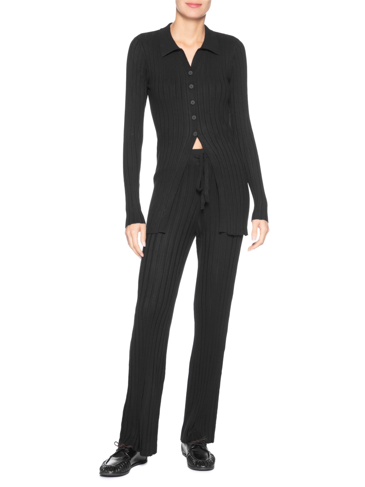 Conjunto Feminino Blusa Polo E Calça Em Tricot Preto '2Essential