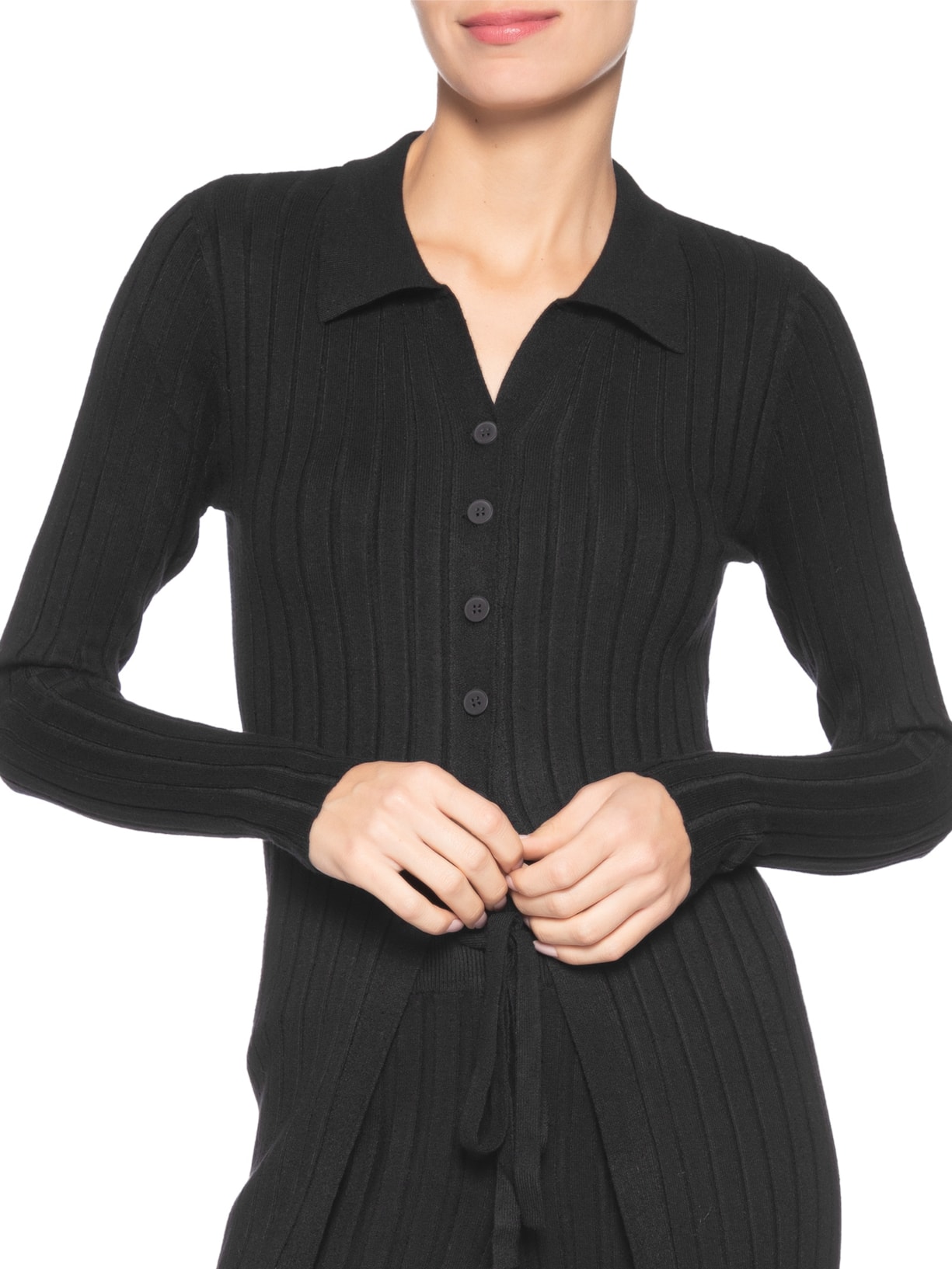 Conjunto Feminino Blusa Polo E Calça Em Tricot Preto '2Essential