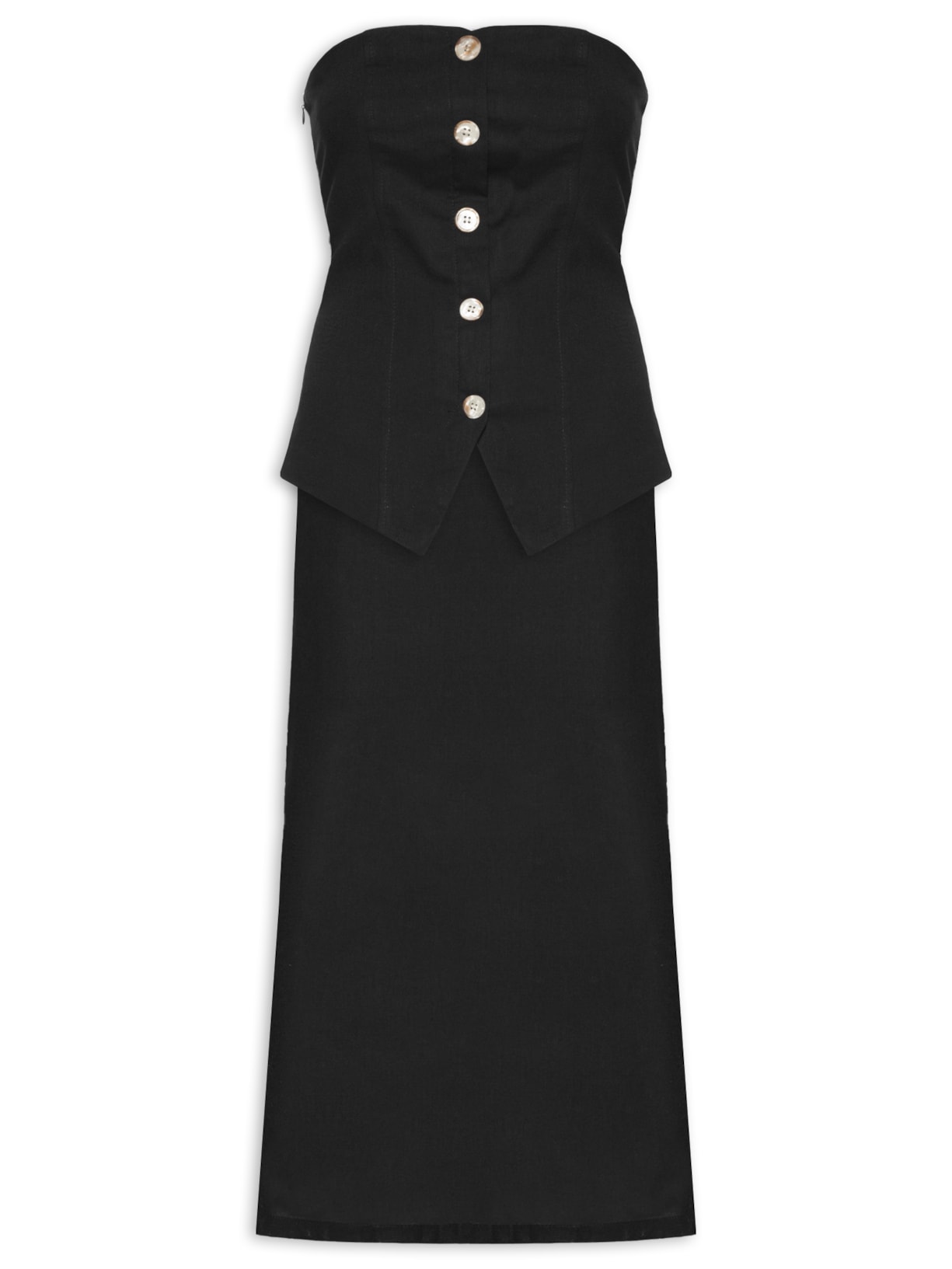 Conjunto Feminino Blusa Sem Alça e Saia Midi - Preta