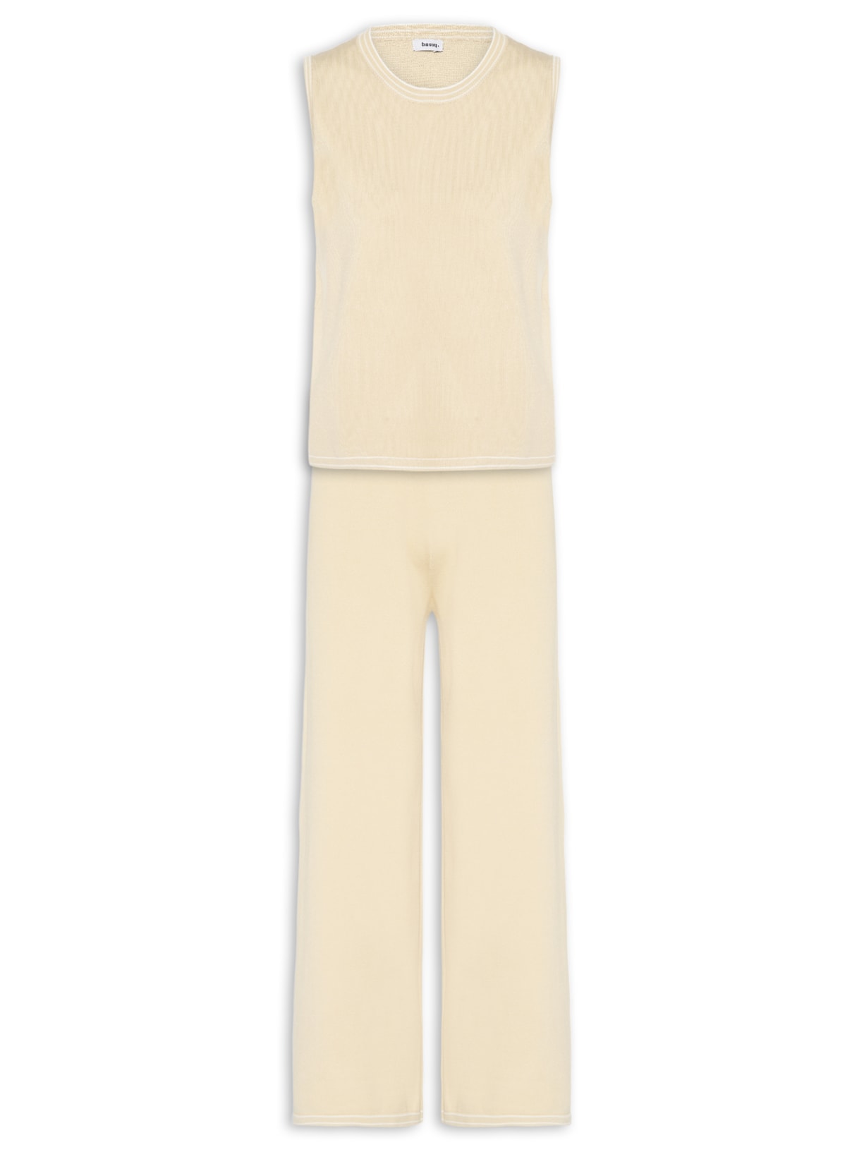 Conjunto Feminino Blusa Sem Manga E Calça Em Tricot Bicolor Bege Basiq