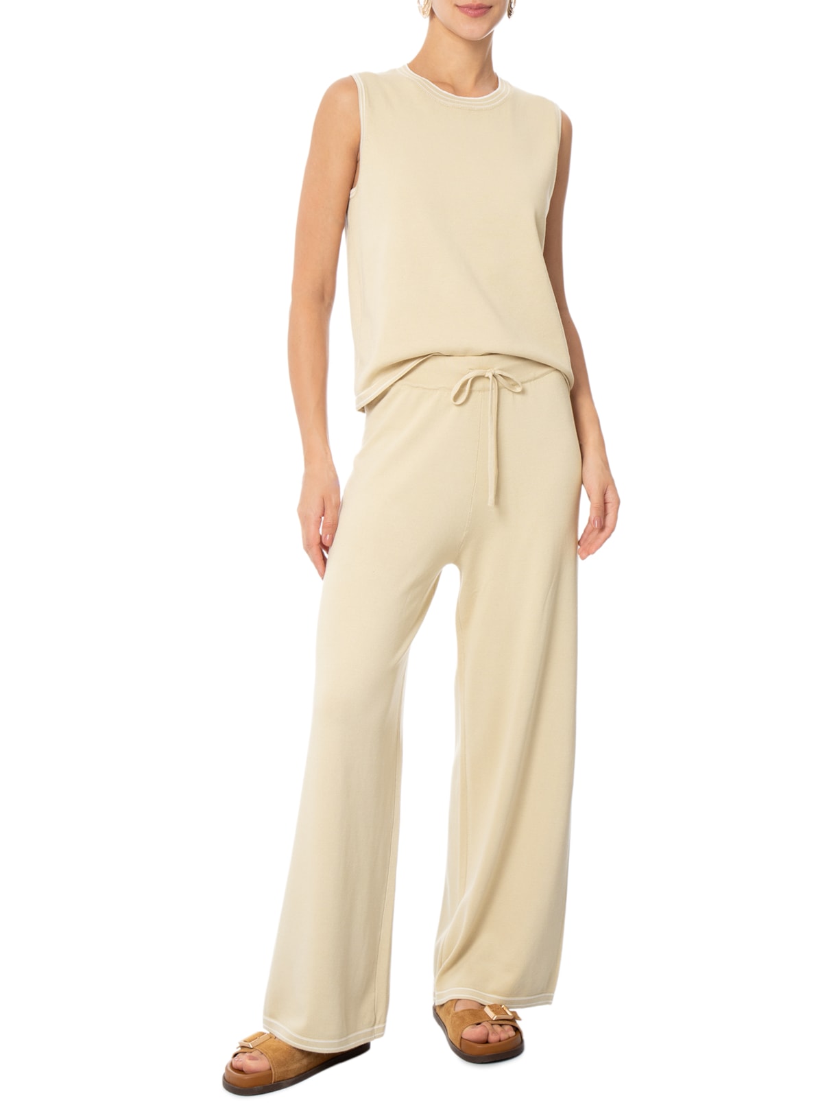 Conjunto Feminino Blusa Sem Manga E Calça Em Tricot Bicolor Bege Basiq