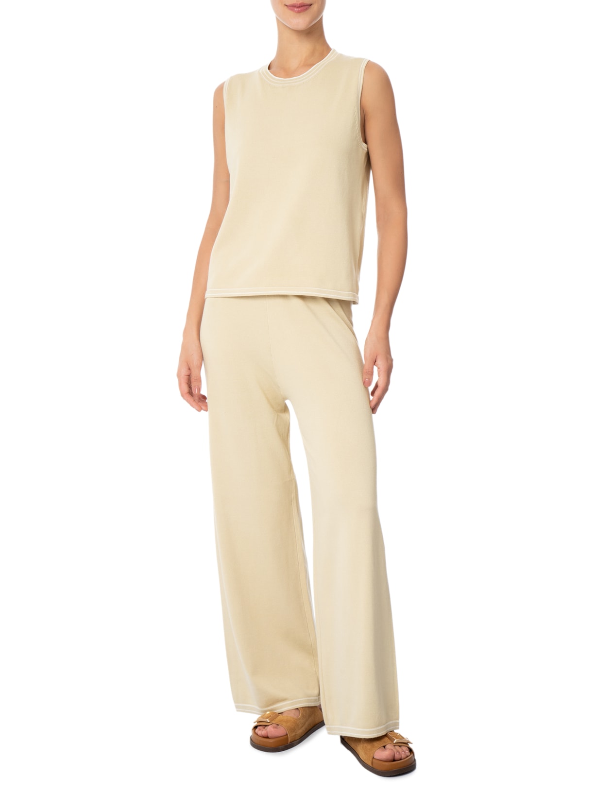 Conjunto Feminino Blusa Sem Manga E Calça Em Tricot Bicolor Bege Basiq