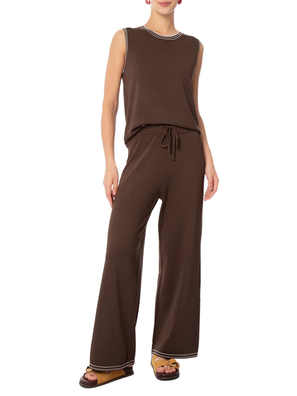 Conjunto Feminino Blusa Sem Manga E Calça Em Tricot Bicolor Marrom Basiq