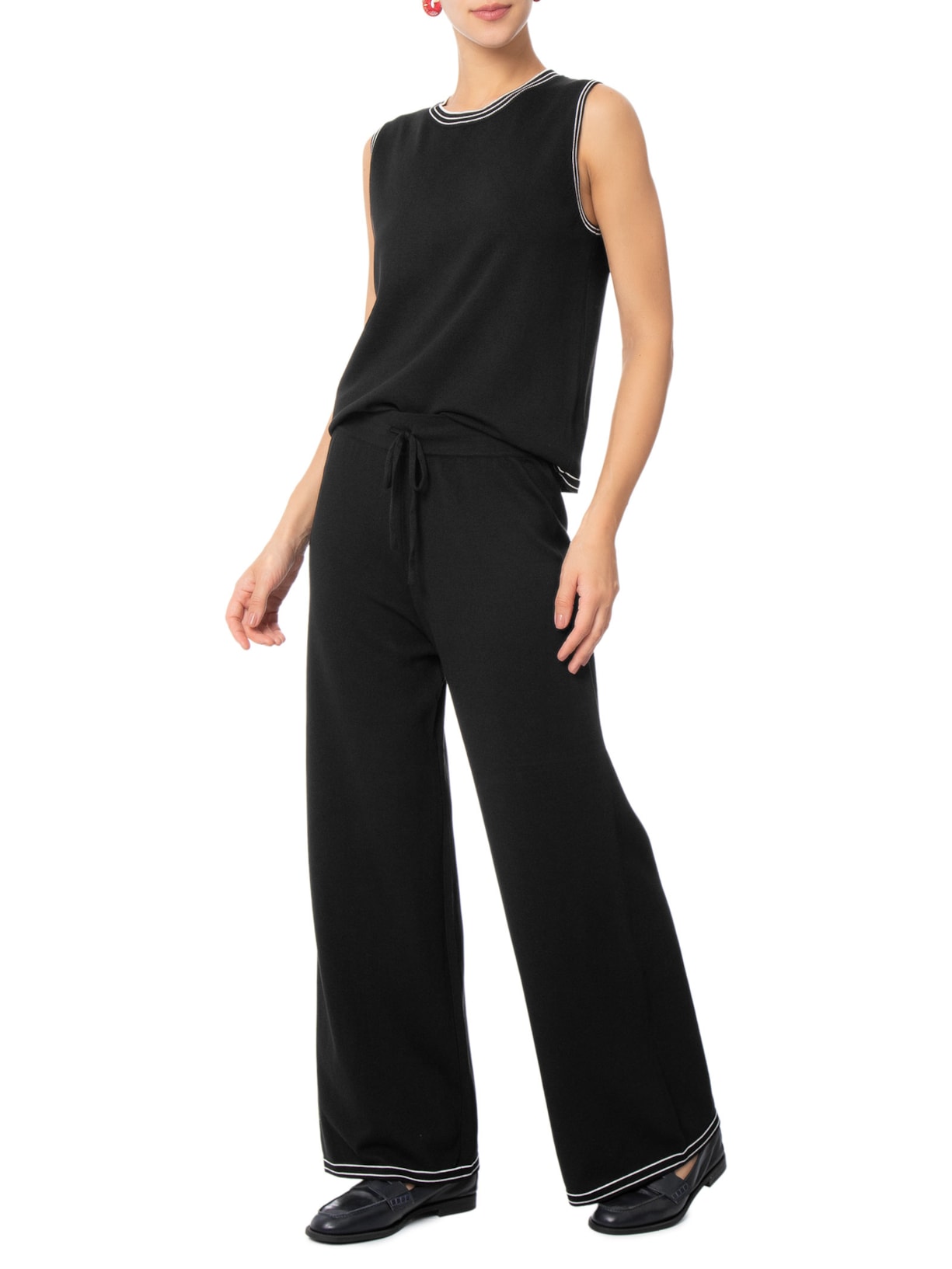Conjunto Feminino Blusa Sem Manga E Calça Em Tricot Bicolor Preto Basiq