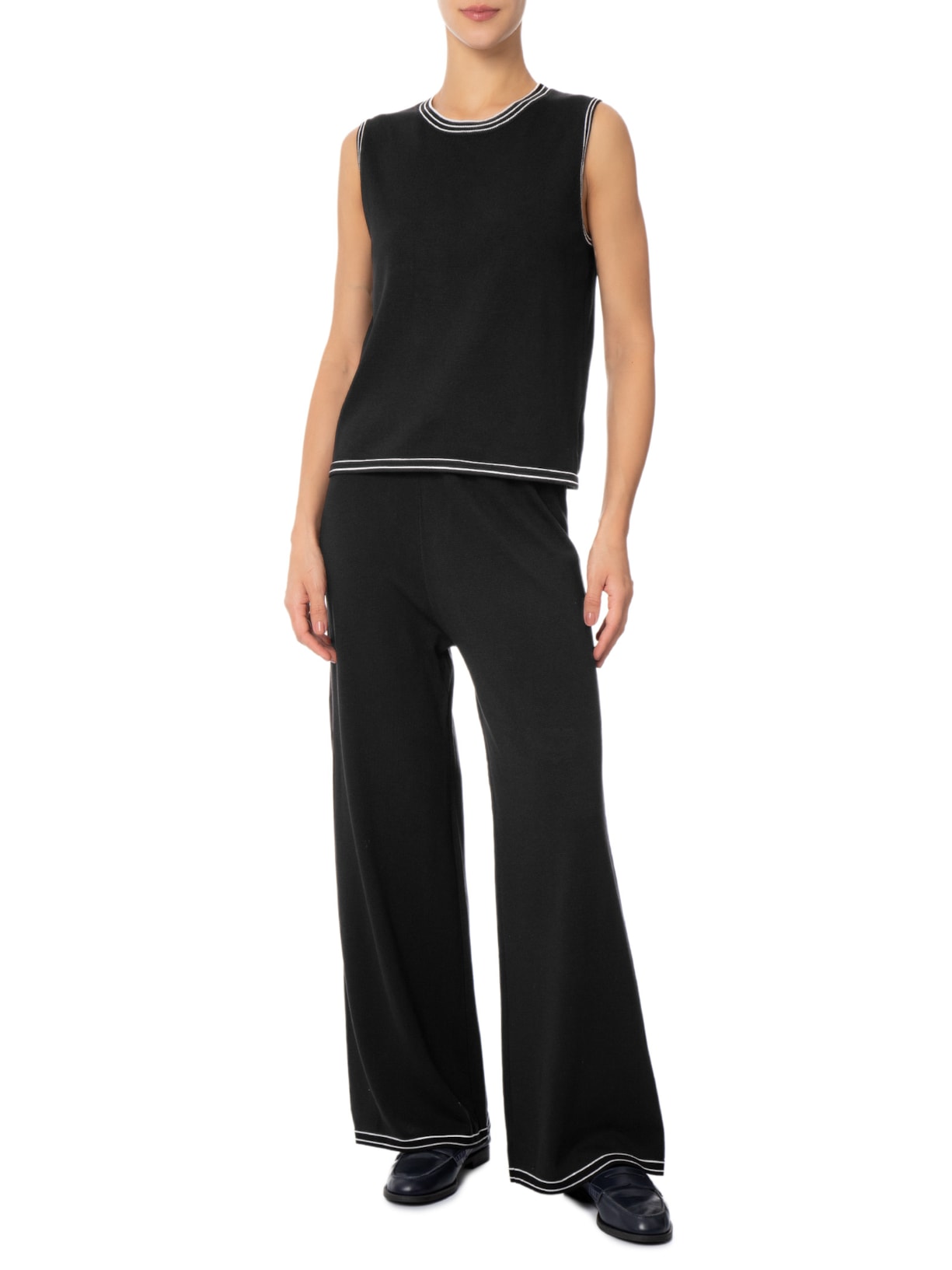 Conjunto Feminino Blusa Sem Manga E Calça Em Tricot Bicolor Preto Basiq