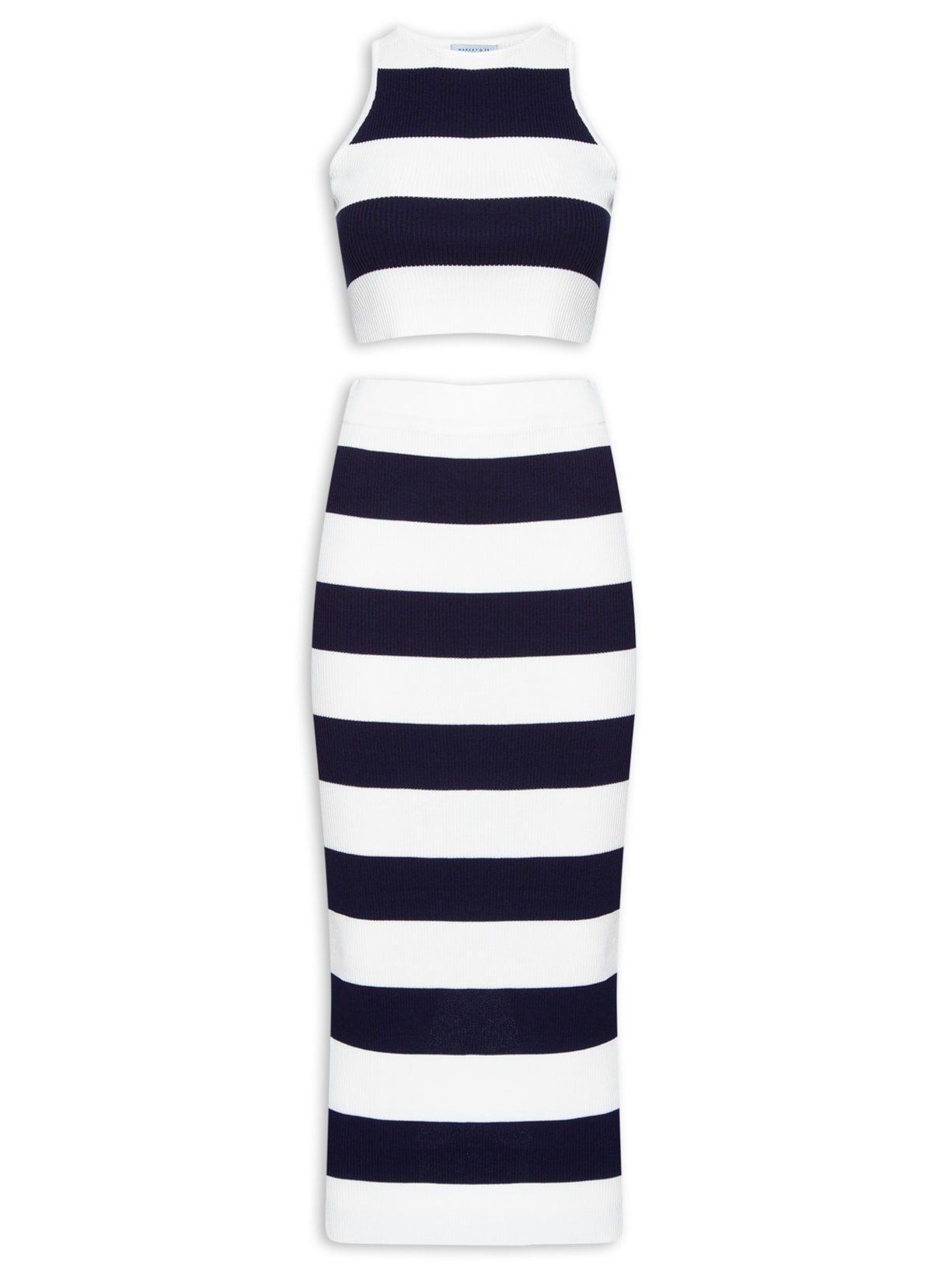 Conjunto Feminino Blusa Sem Manga e Saia Midi Em Tricot - Azul