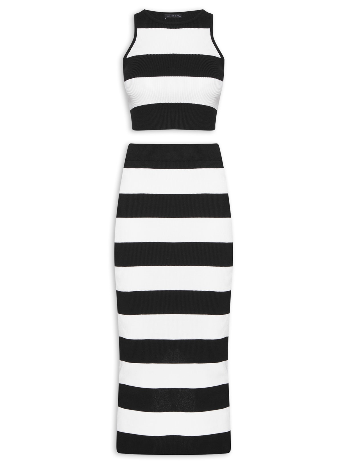 Conjunto Feminino Blusa Sem Manga e Saia Midi Em Tricot - Preto