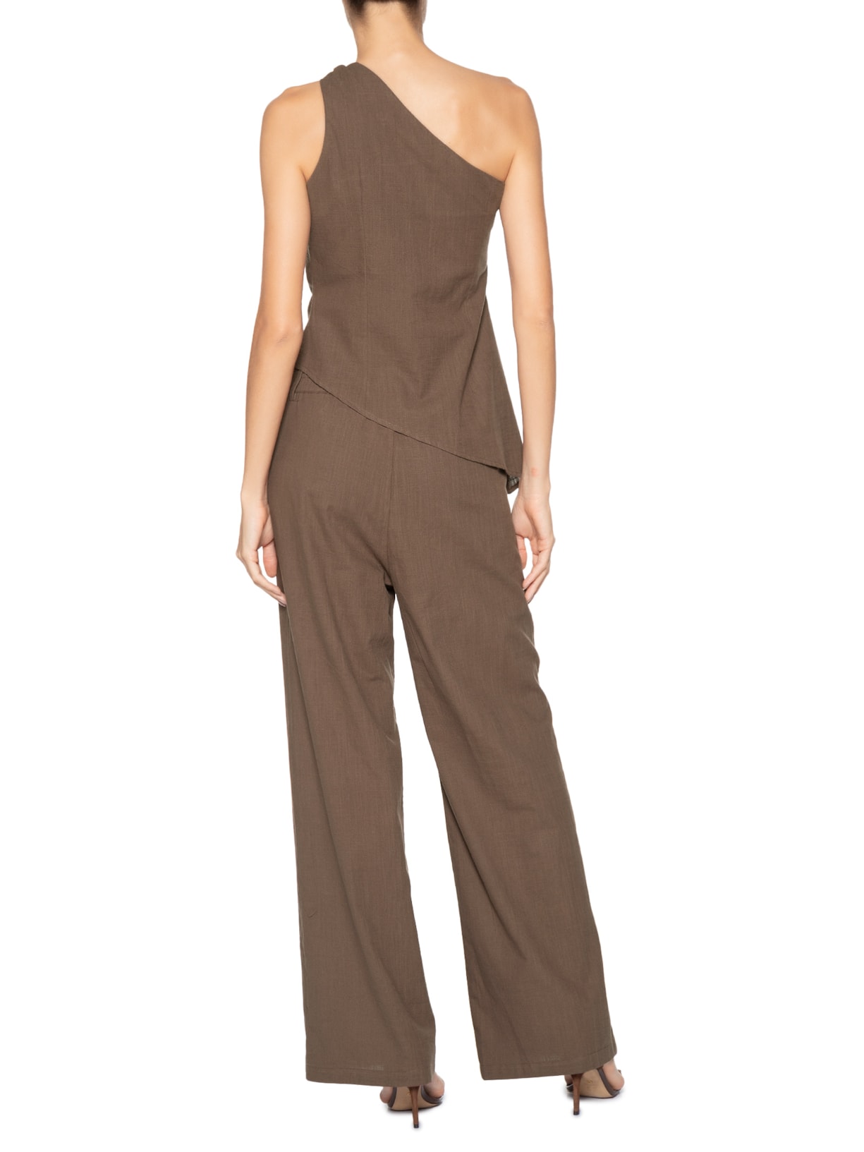 Conjunto Feminino Blusa Um Ombro Só E Calça Pantalona Marrom Market 33